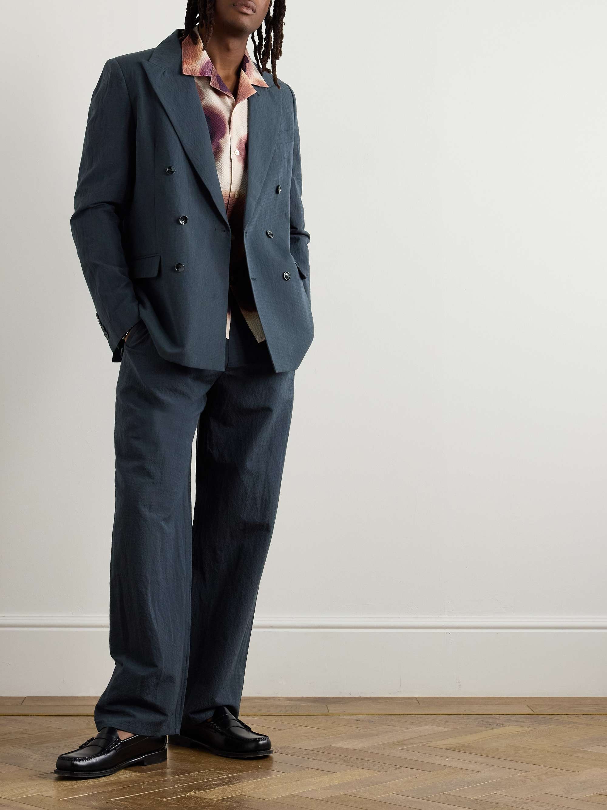 Samurai Straight-Leg Cotton and Linen-Blend Seersucker Drawstring Suit Trousers view