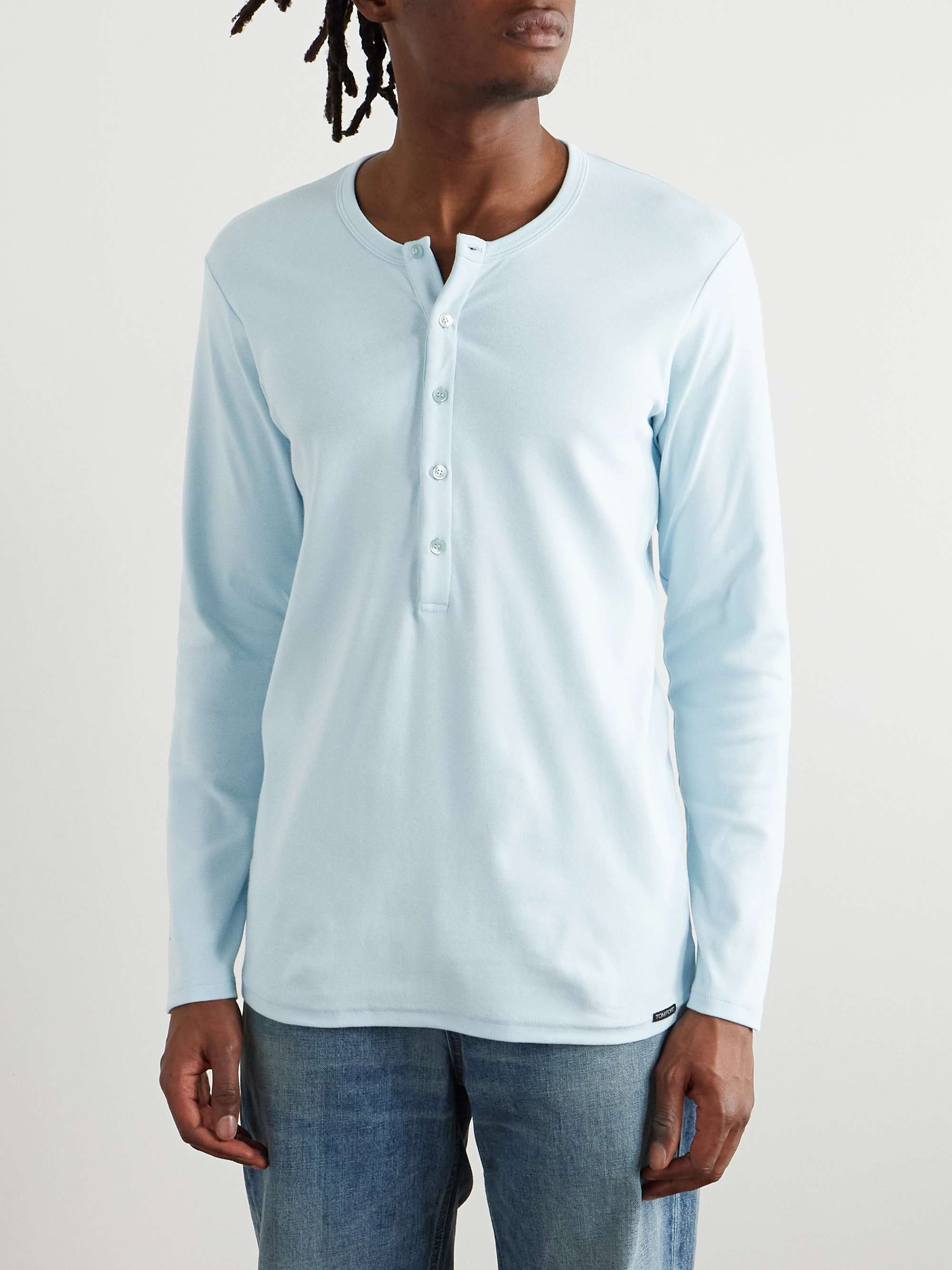 Slim-Fit Stretch-Cotton Jersey Henley Pyjama T-Shirt view