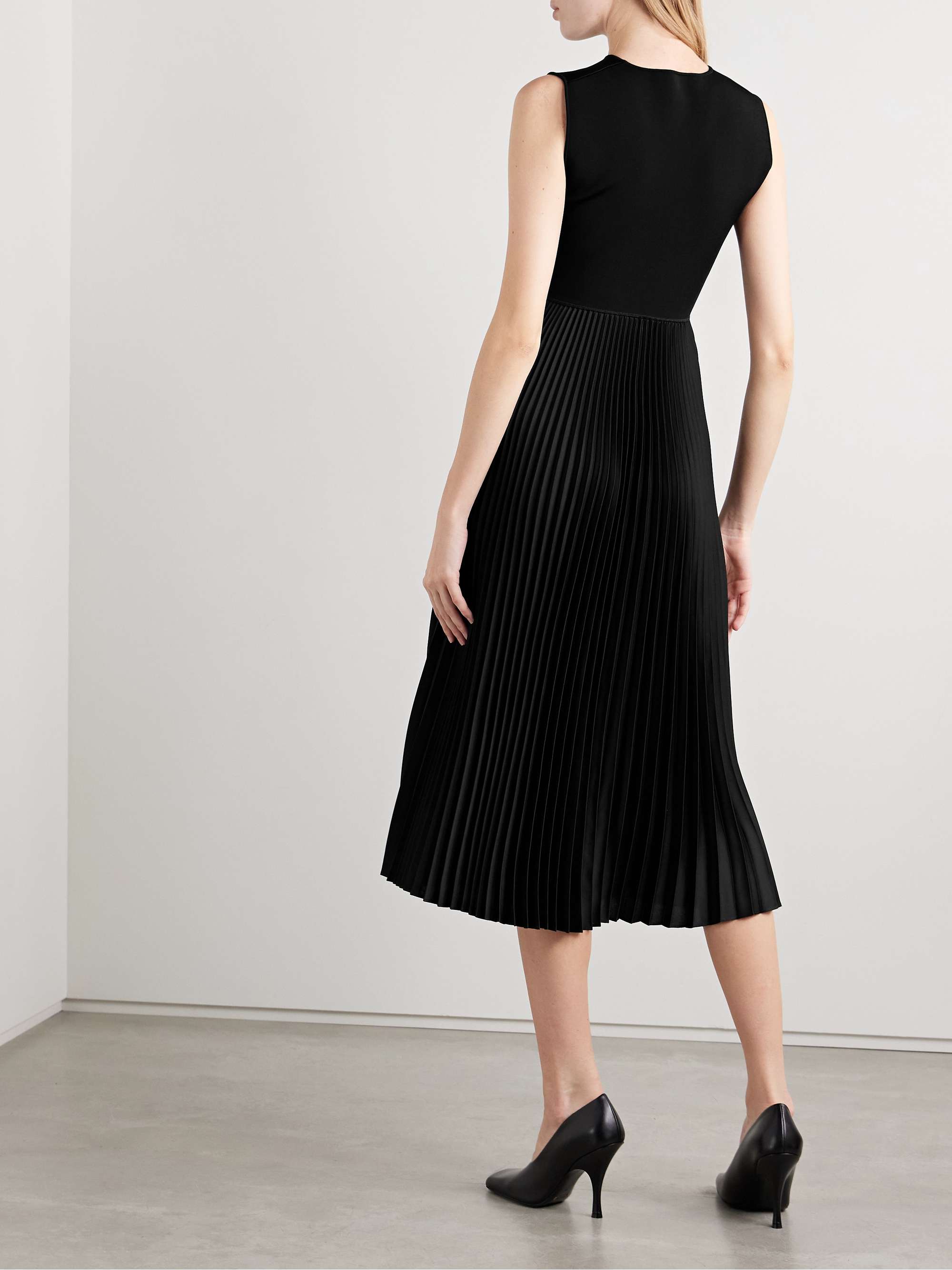 Stretch-knit and plissé-satin midi dress view