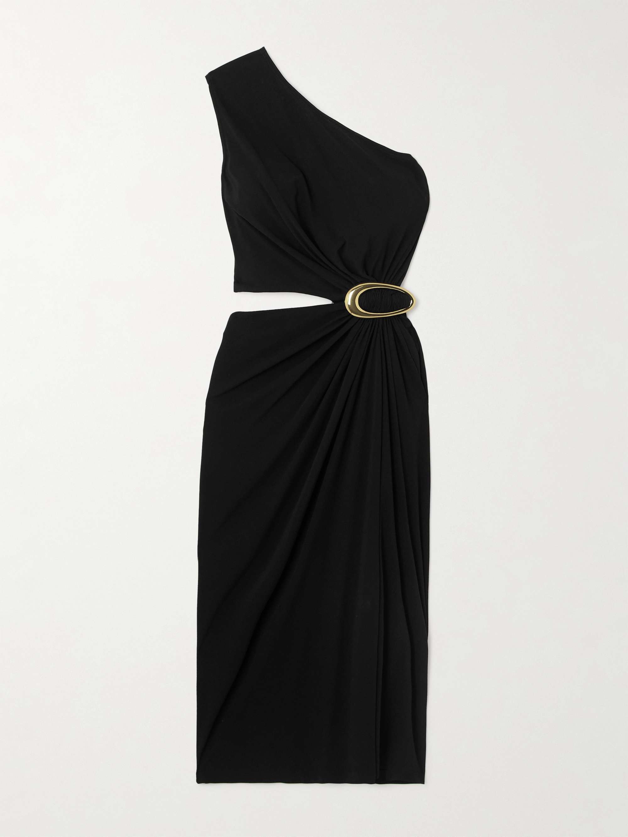 One-shoulder cutout gathered embellished crepe-jersey midi dress hero visual