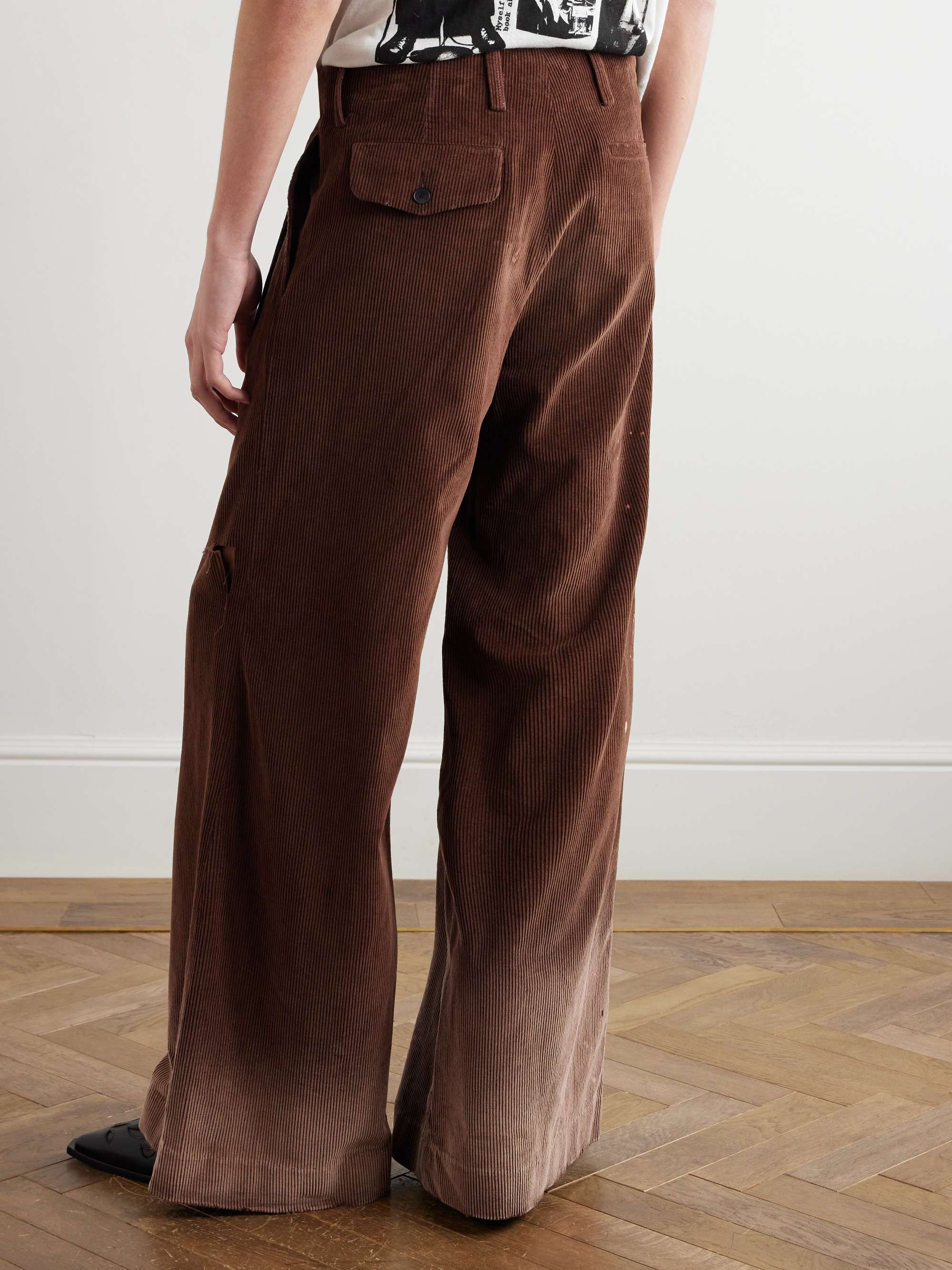 Wide-Leg Distressed Paint-Splattered Cotton-Corduroy Trousers view