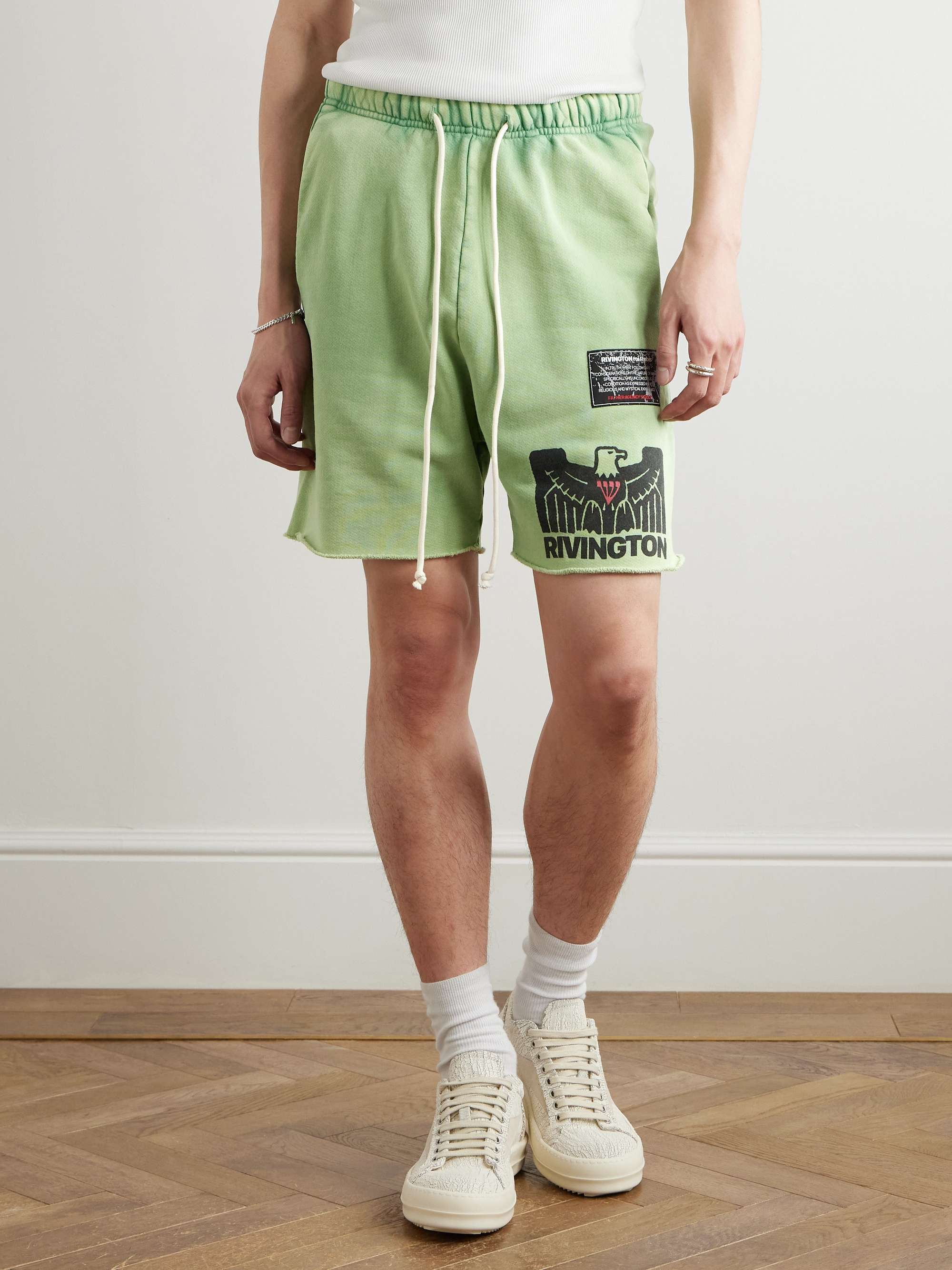 Flag Straight-Leg Frayed Logo-Print Cotton-Jersey Shorts view