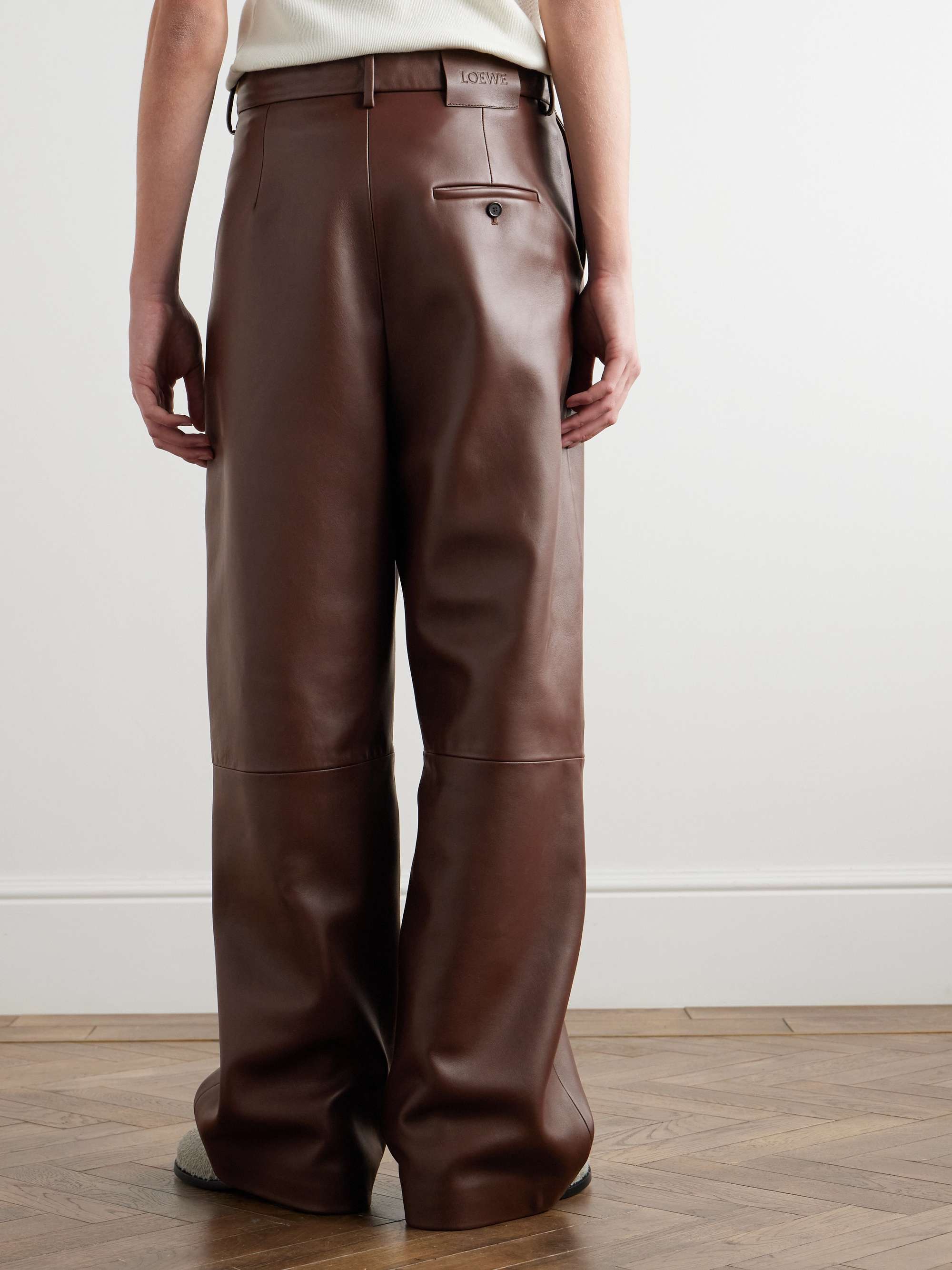 Straight-Leg Pleated Leather Tousers view