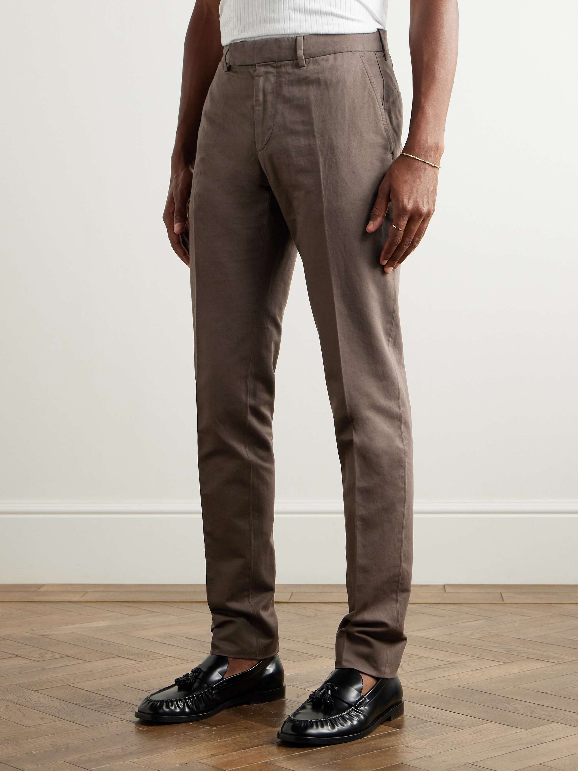 Slim-Fit Tapered Cotton and Linen-Blend Twill Trousers view