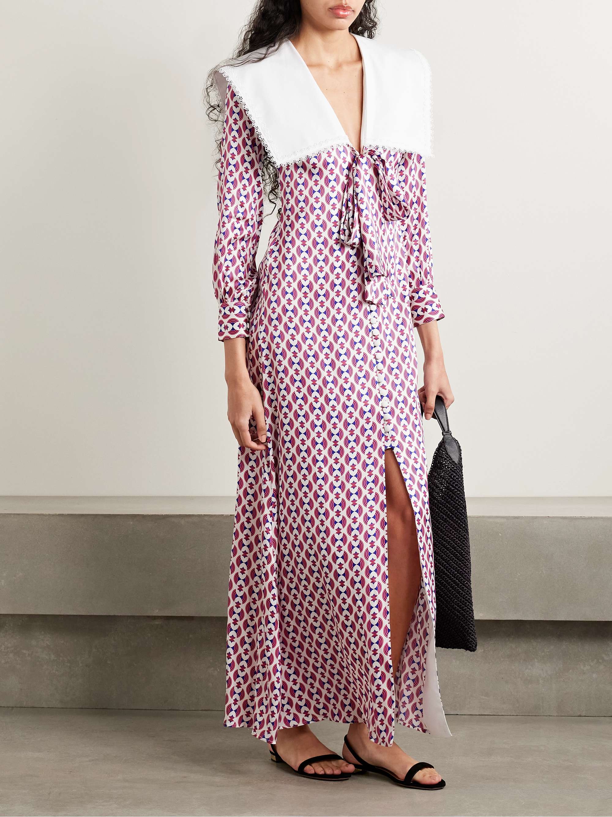 Sofia lace and poplin-trimmed printed silk-blend satin maxi dress view