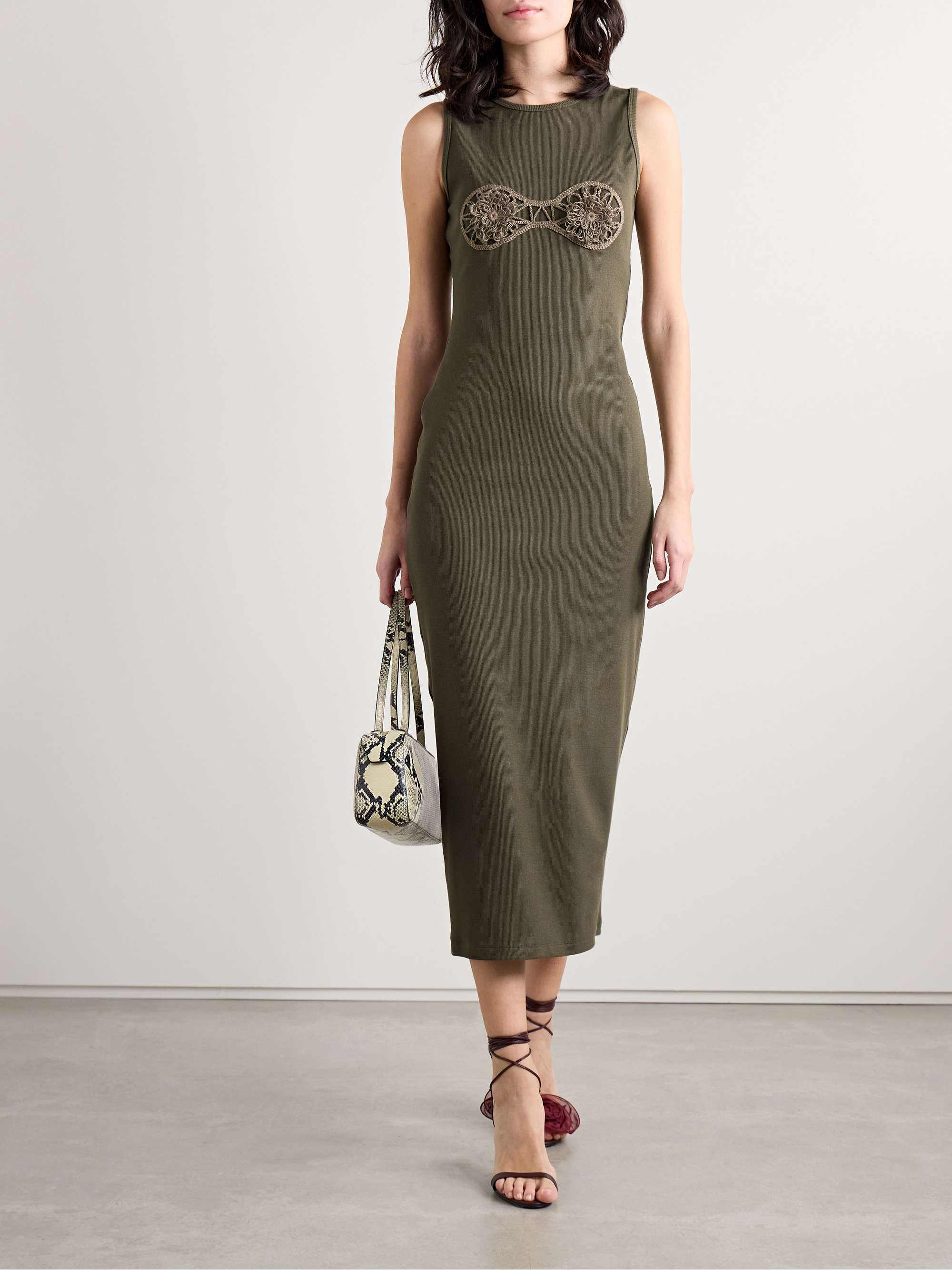 Crochet-trimmed ribbed cotton-blend jersey midi dress view