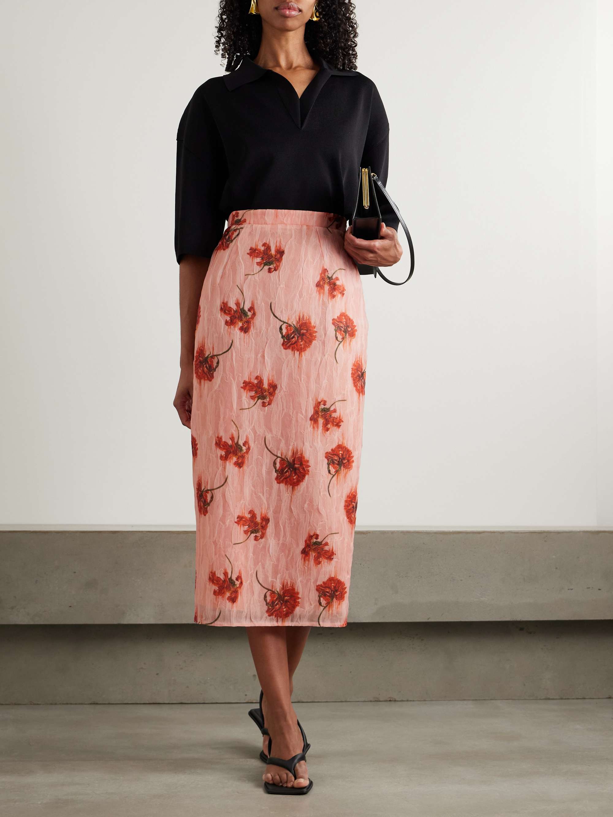 Lorelei floral-print crinkled-organza midi skirt view