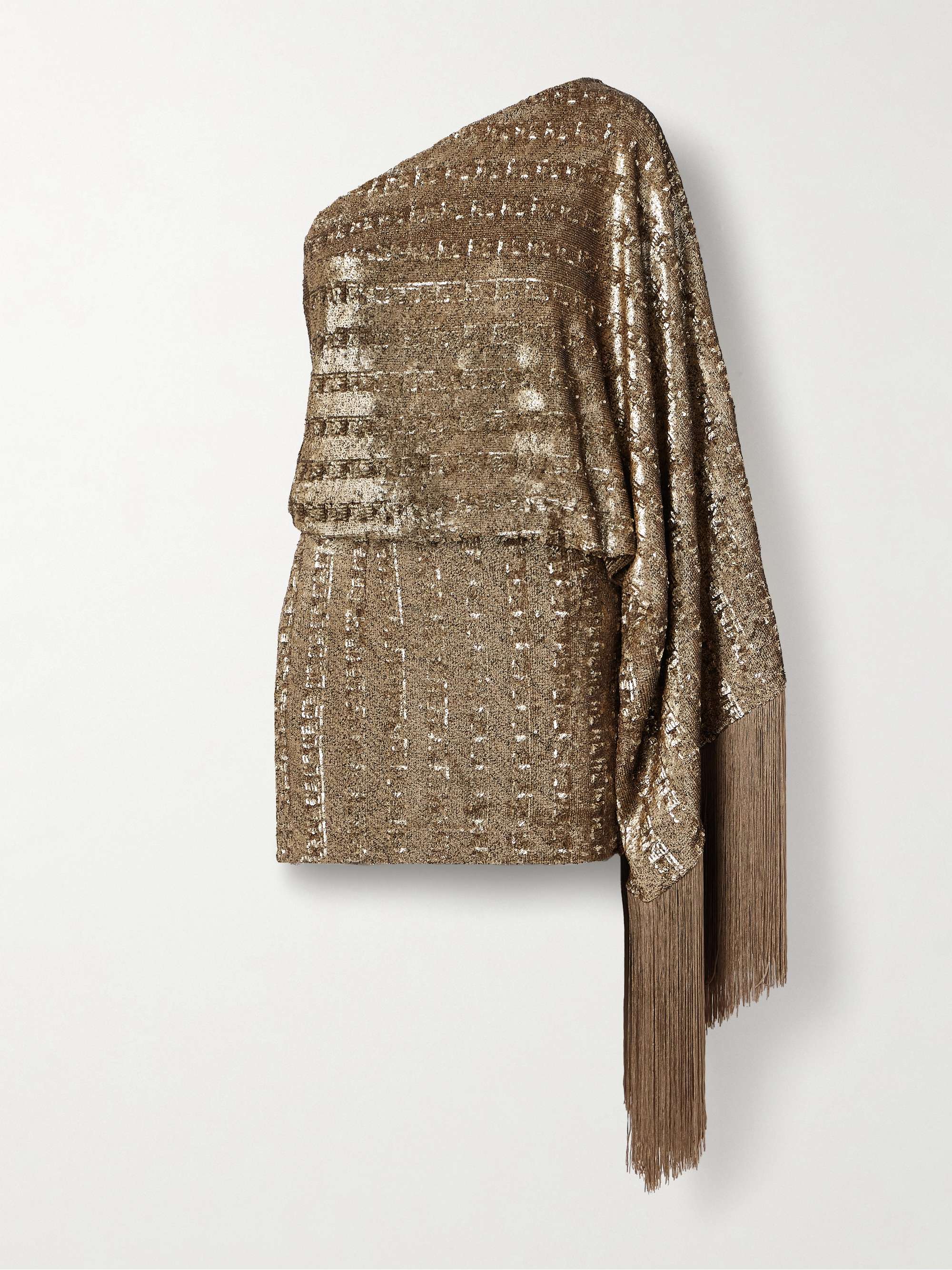 Eternity one-sleeve fringed sequined satin mini dress hero visual