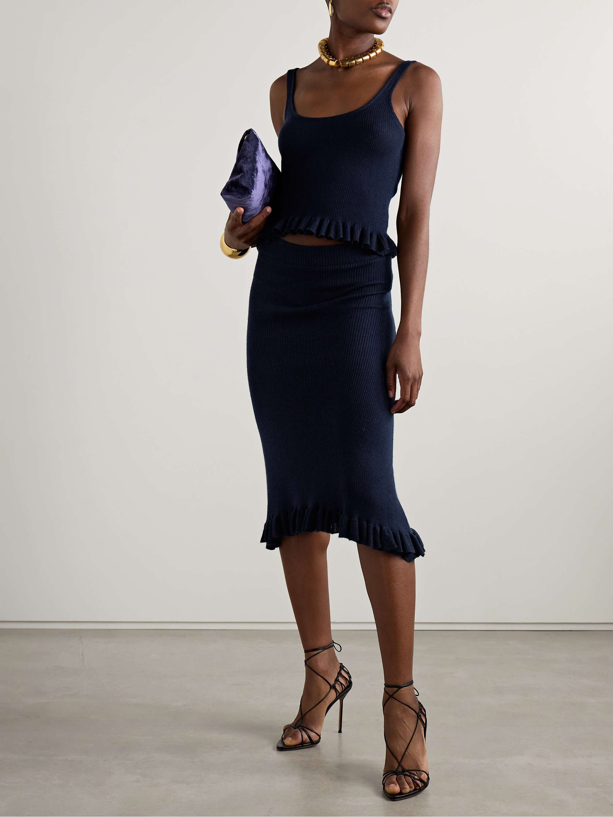 The Grace asymmetric ruffled ribbed cashmere midi skirt view