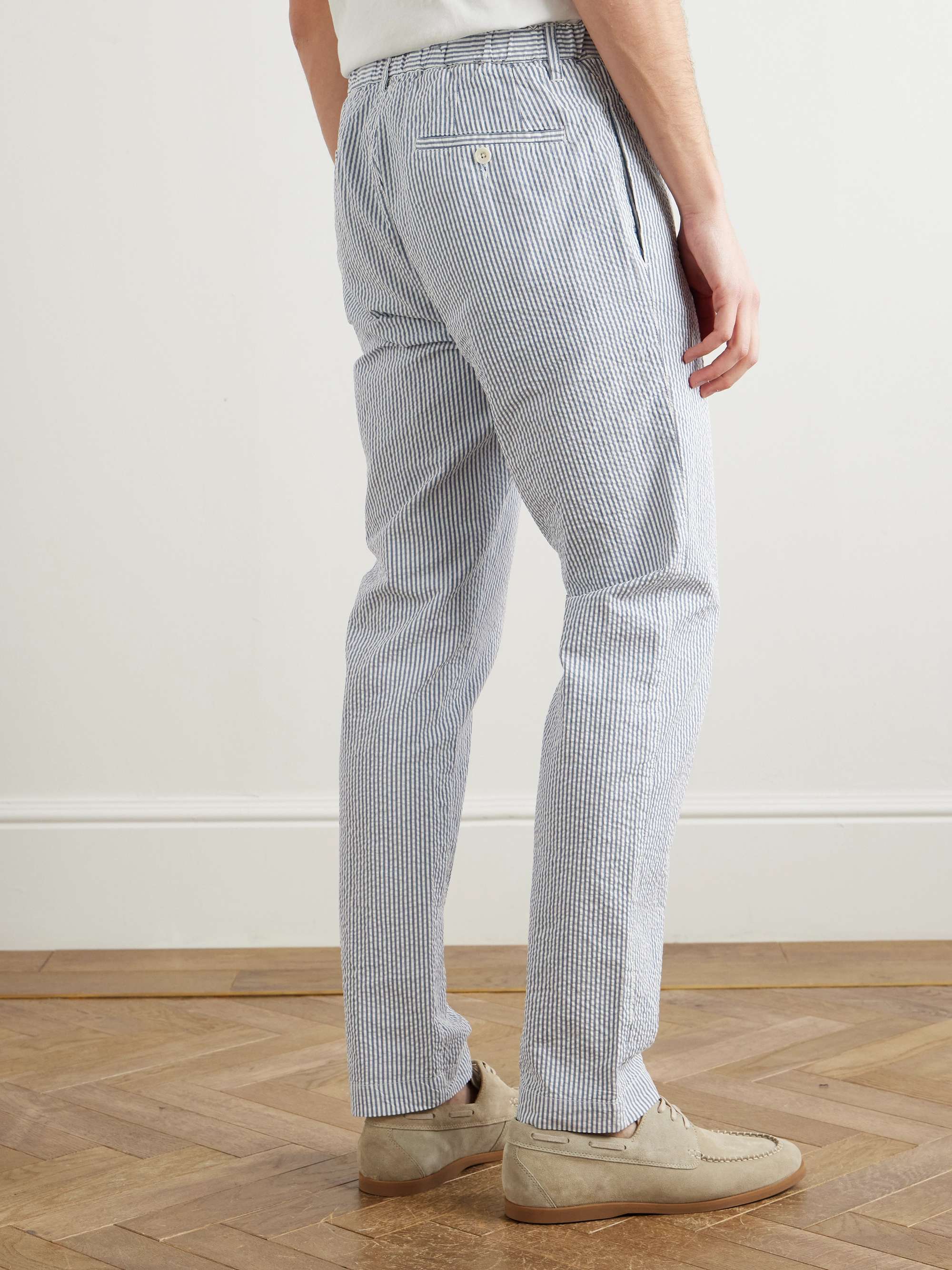 Tanker Straight-Leg Pleated Striped Cotton-Seersucker Drawstring Trousers view