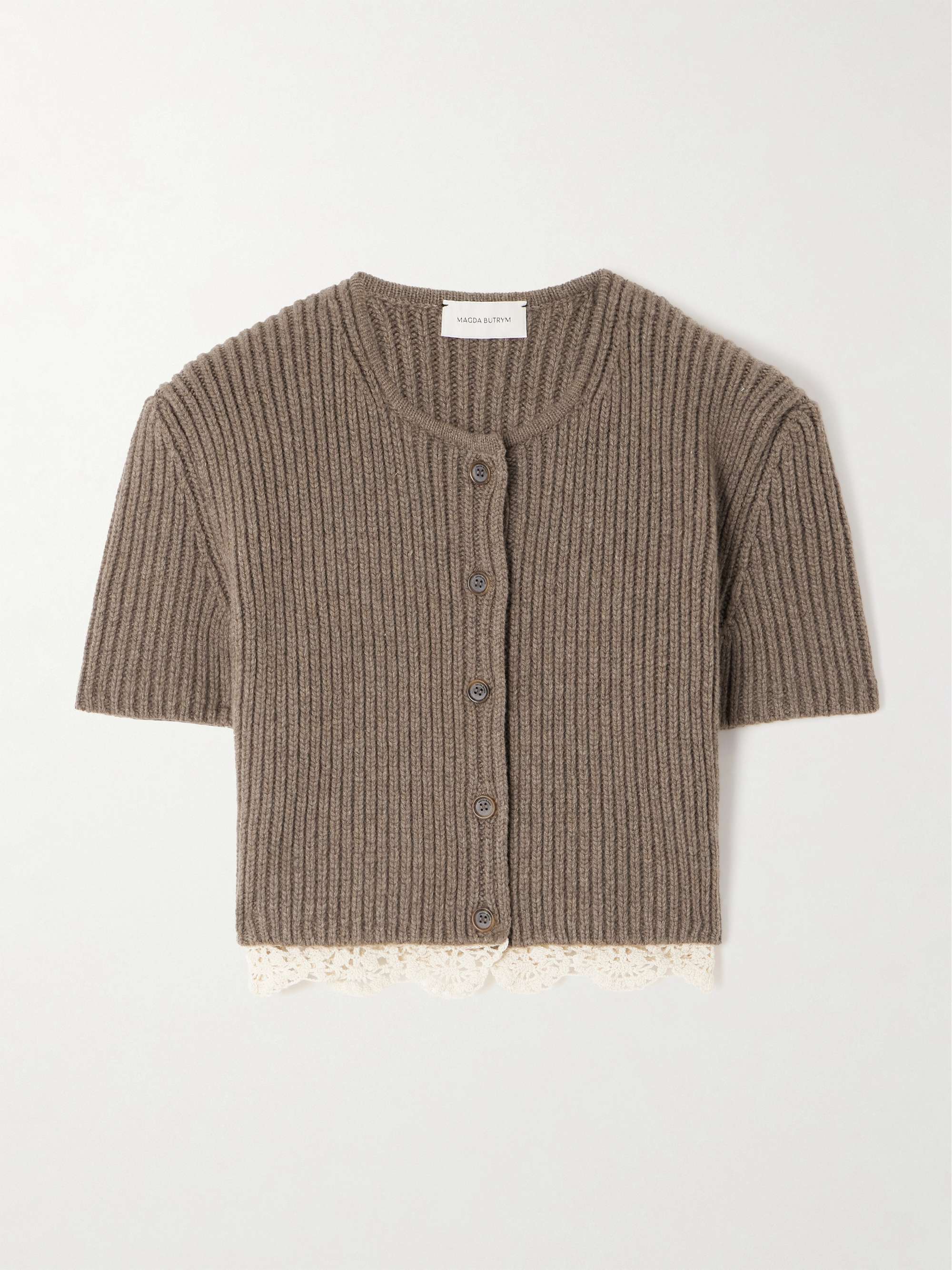 Cropped cotton crochet-trimmed ribbed cashmere cardigan hero visual