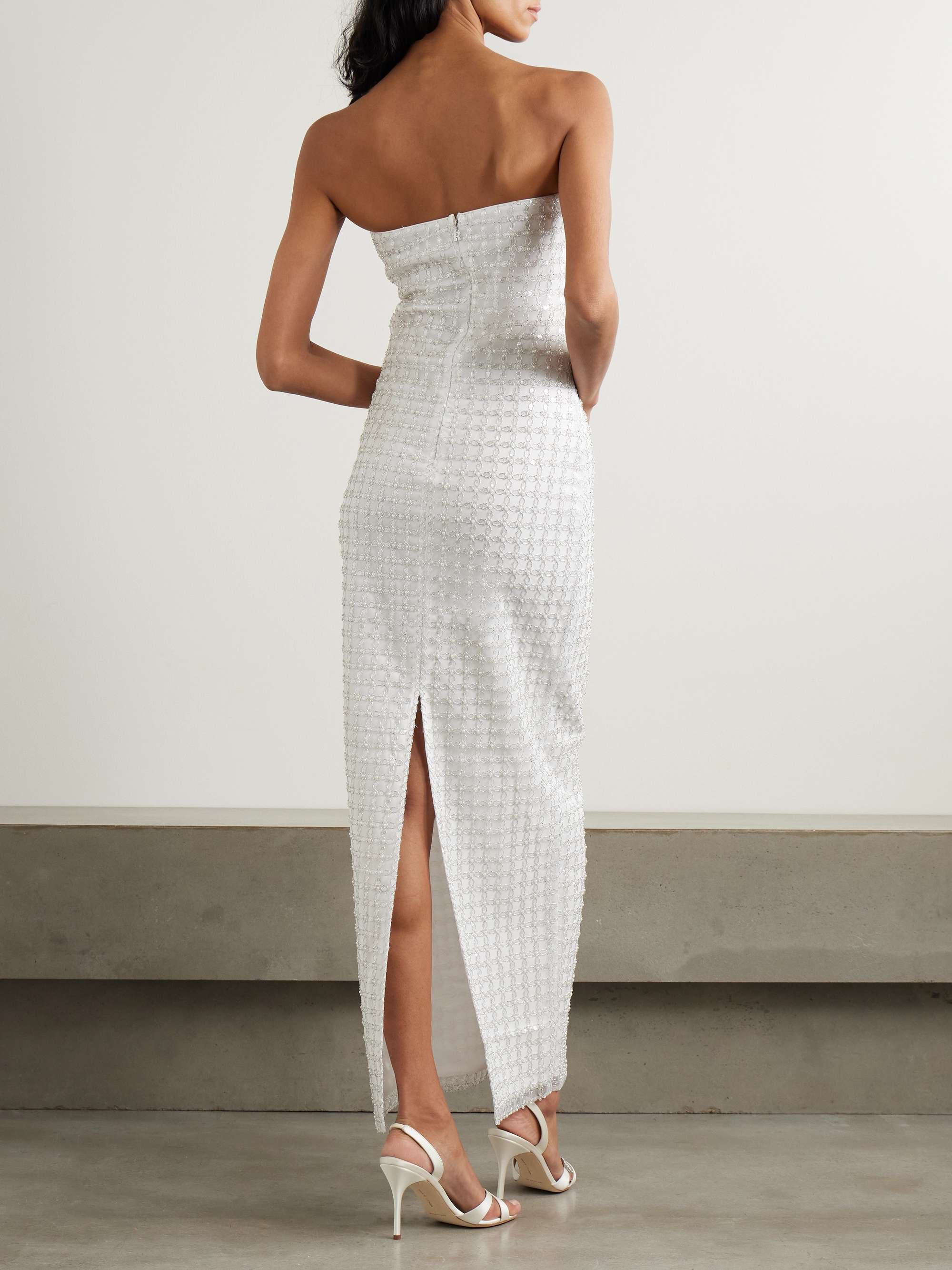 Strapless embellished recycled satin midi dress view