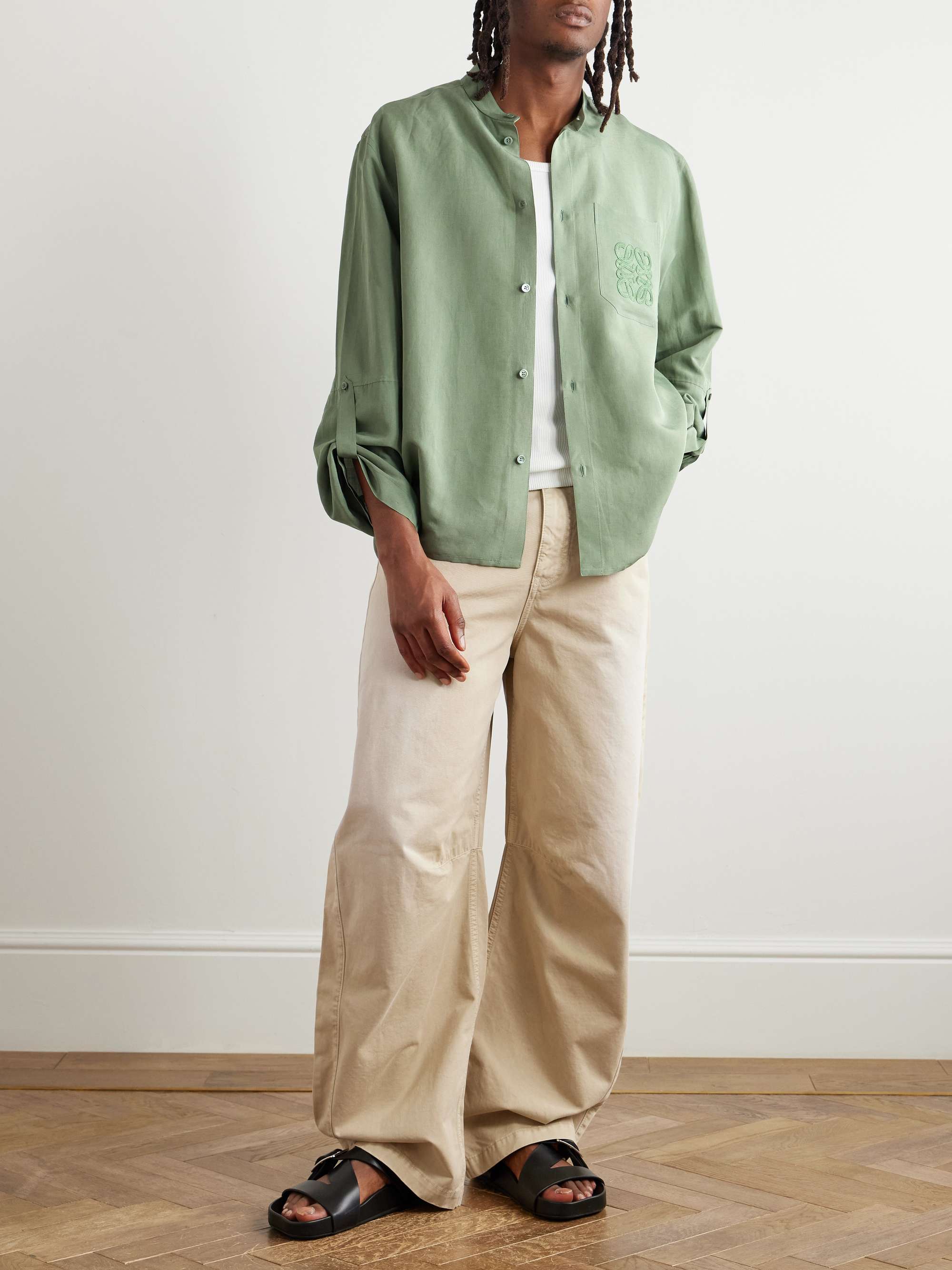 + Paula's Ibiza Grandad-Collar Logo-Embroidered Woven Shirt view