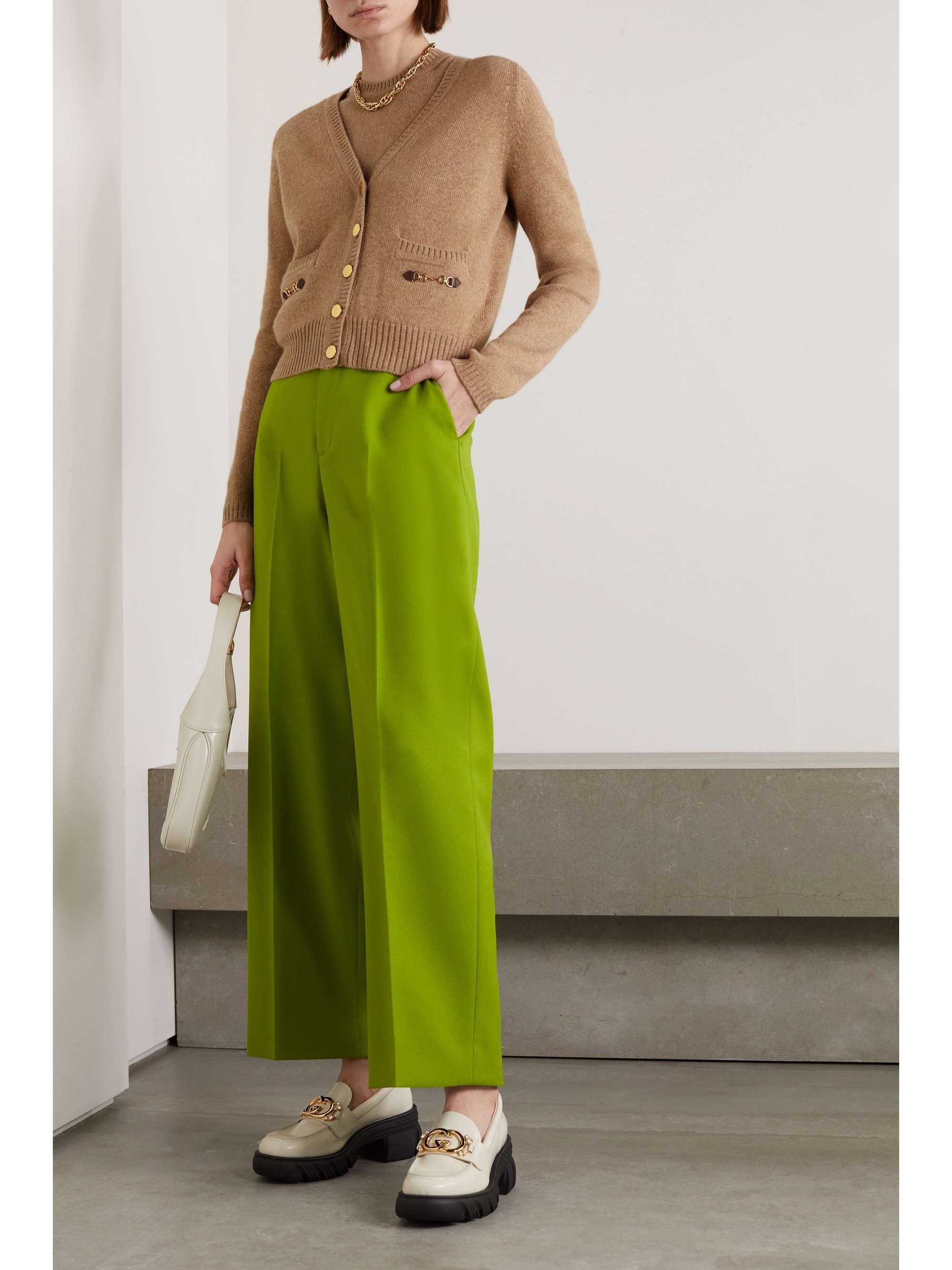 Horsebit-detailed leather-trimmed cashmere cardigan view