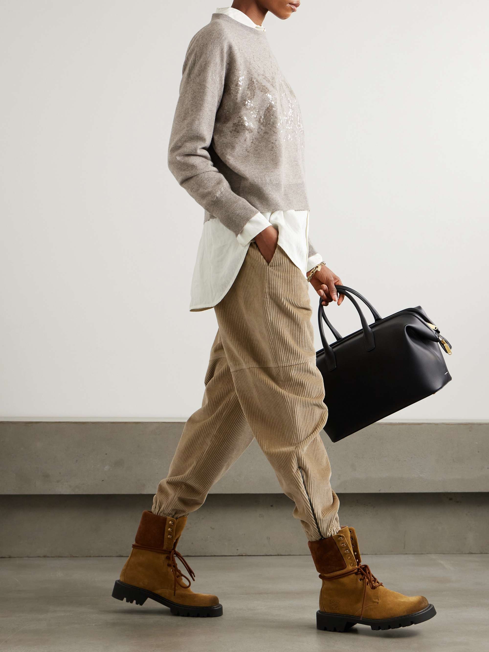 Zip-embellished cotton-corduroy tapered cargo pants view