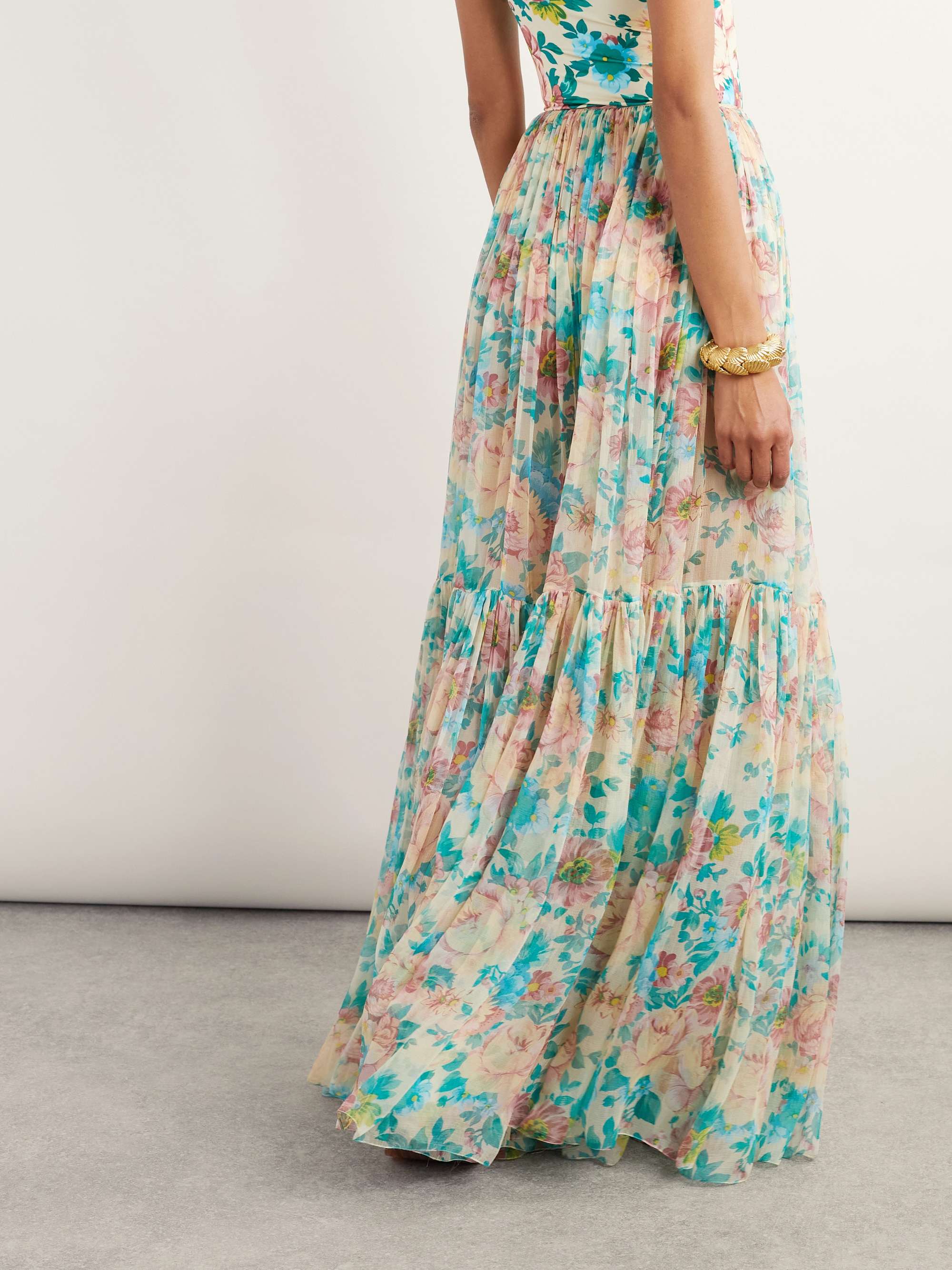 Pleated tiered floral-print silk-chiffon maxi skirt view