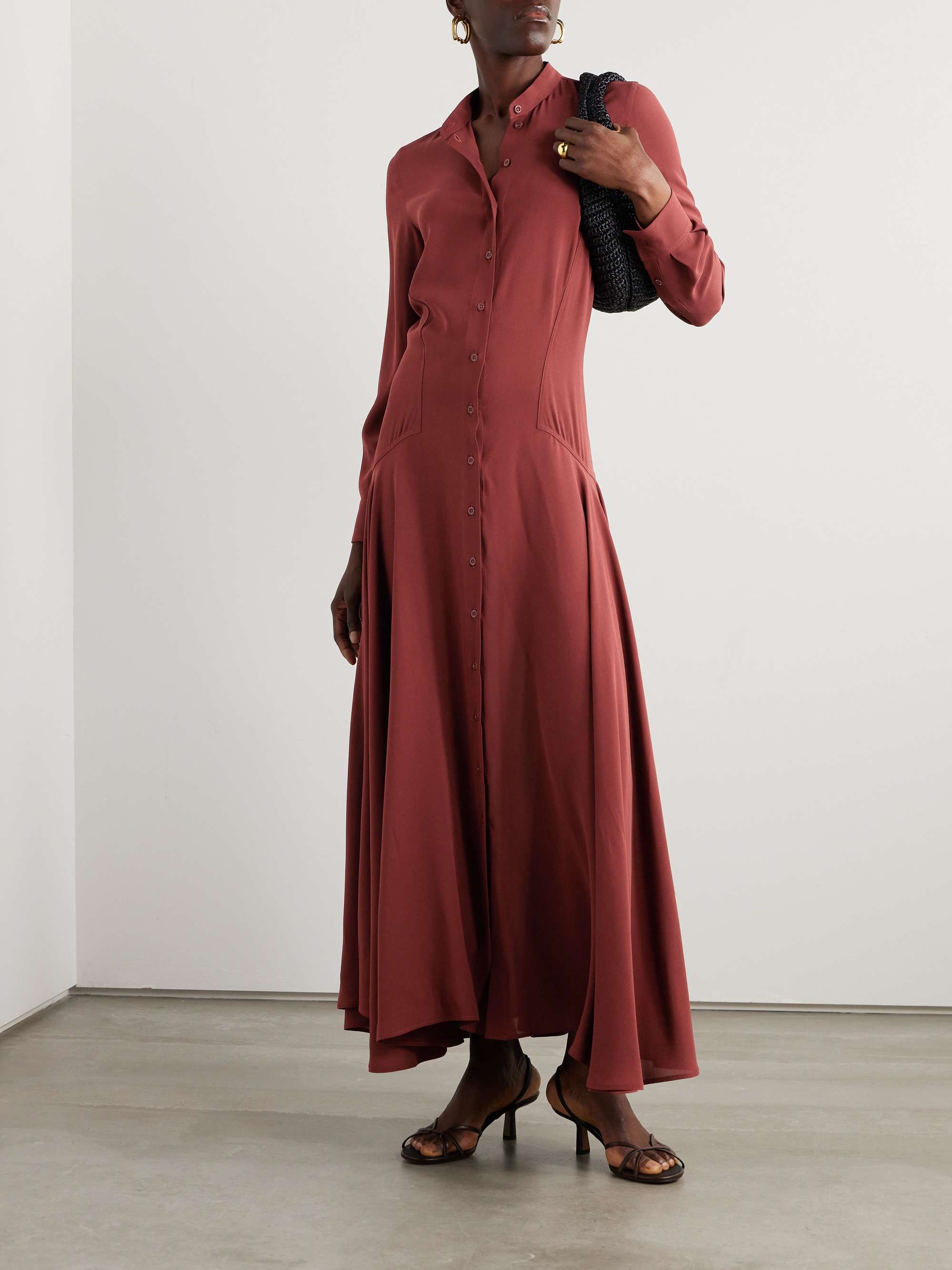 Asymmetric gathered silk-crepe maxi shirt dress view