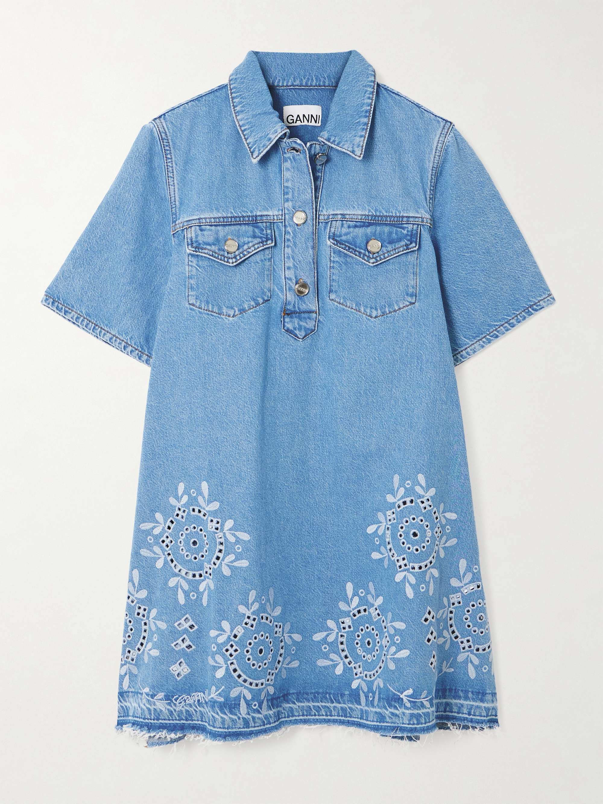 Frayed broderie anglaise denim mini shirt dress hero visual
