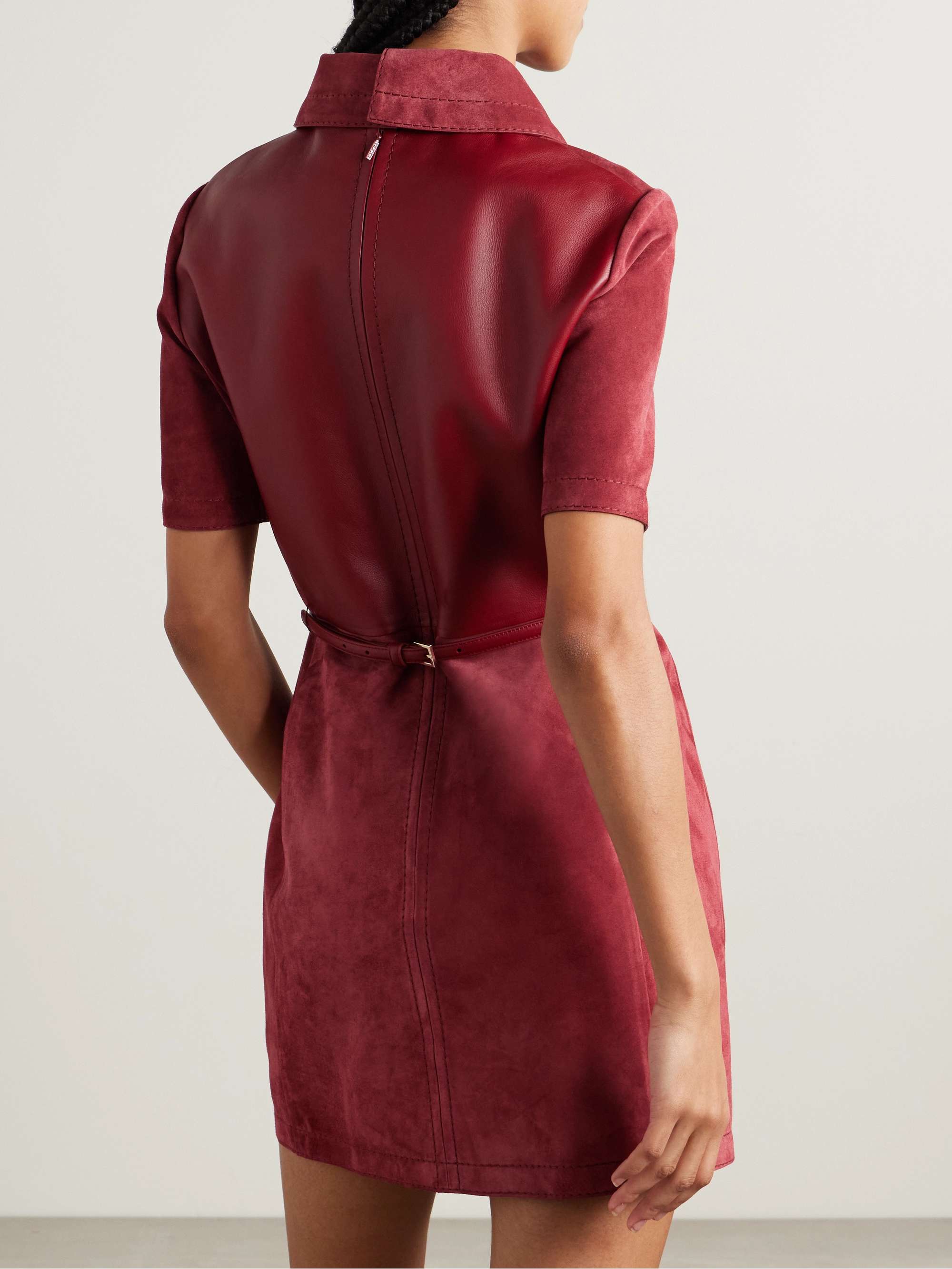 Belted leather-paneled suede mini dress view