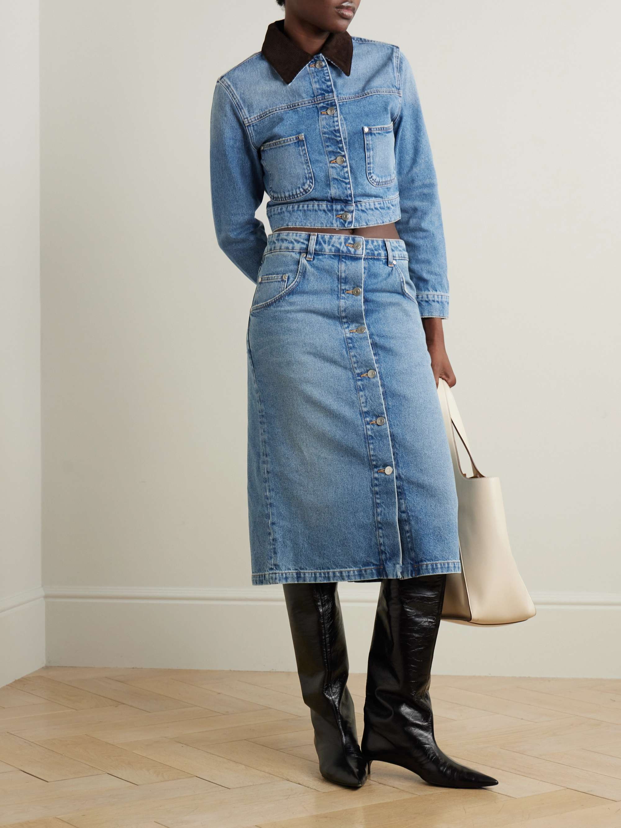 Cropped cotton-corduroy trimmed organic denim jacket view