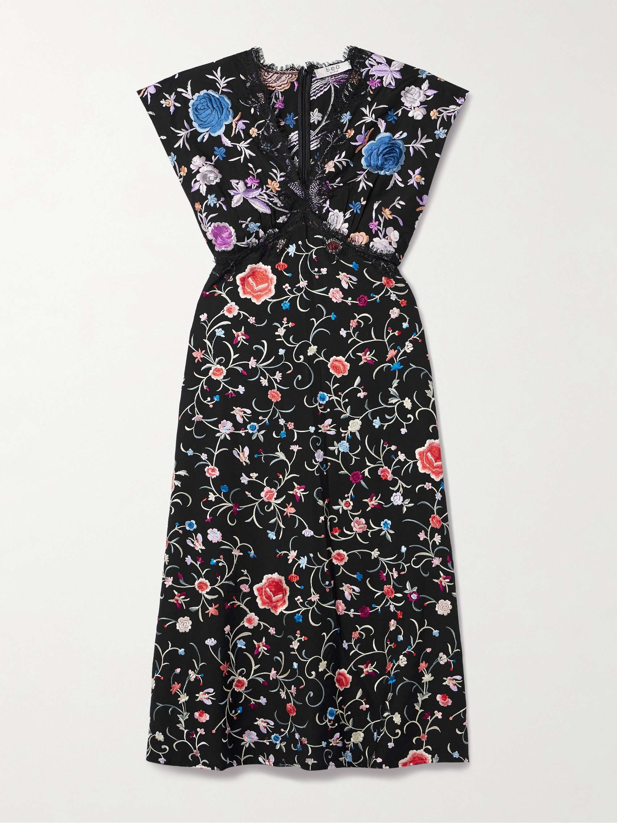 Priscilla lace-trimmed embroidered crepe midi dress hero visual