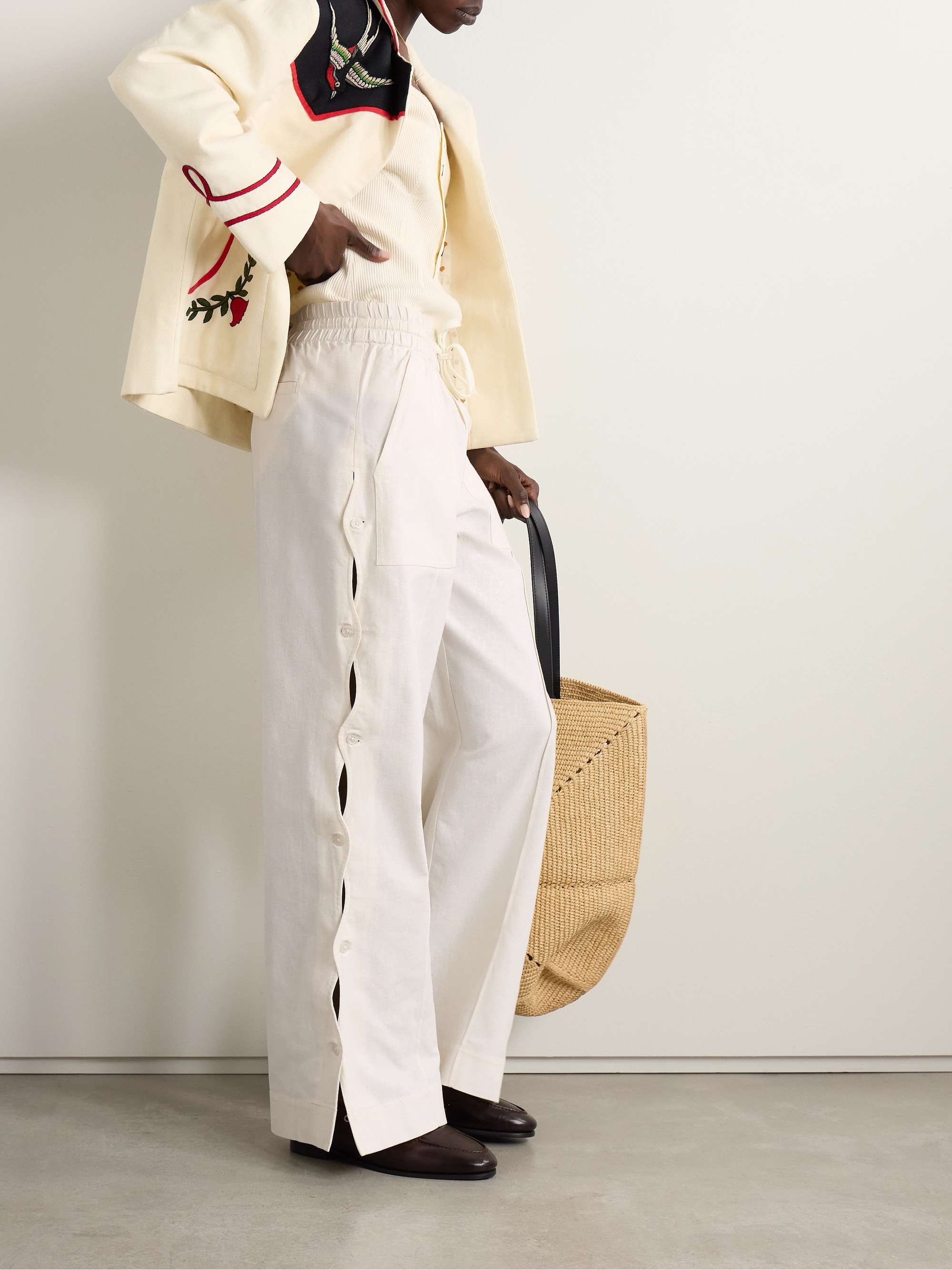Shai cutout button-detailed cotton and linen-blend wide-leg pants view