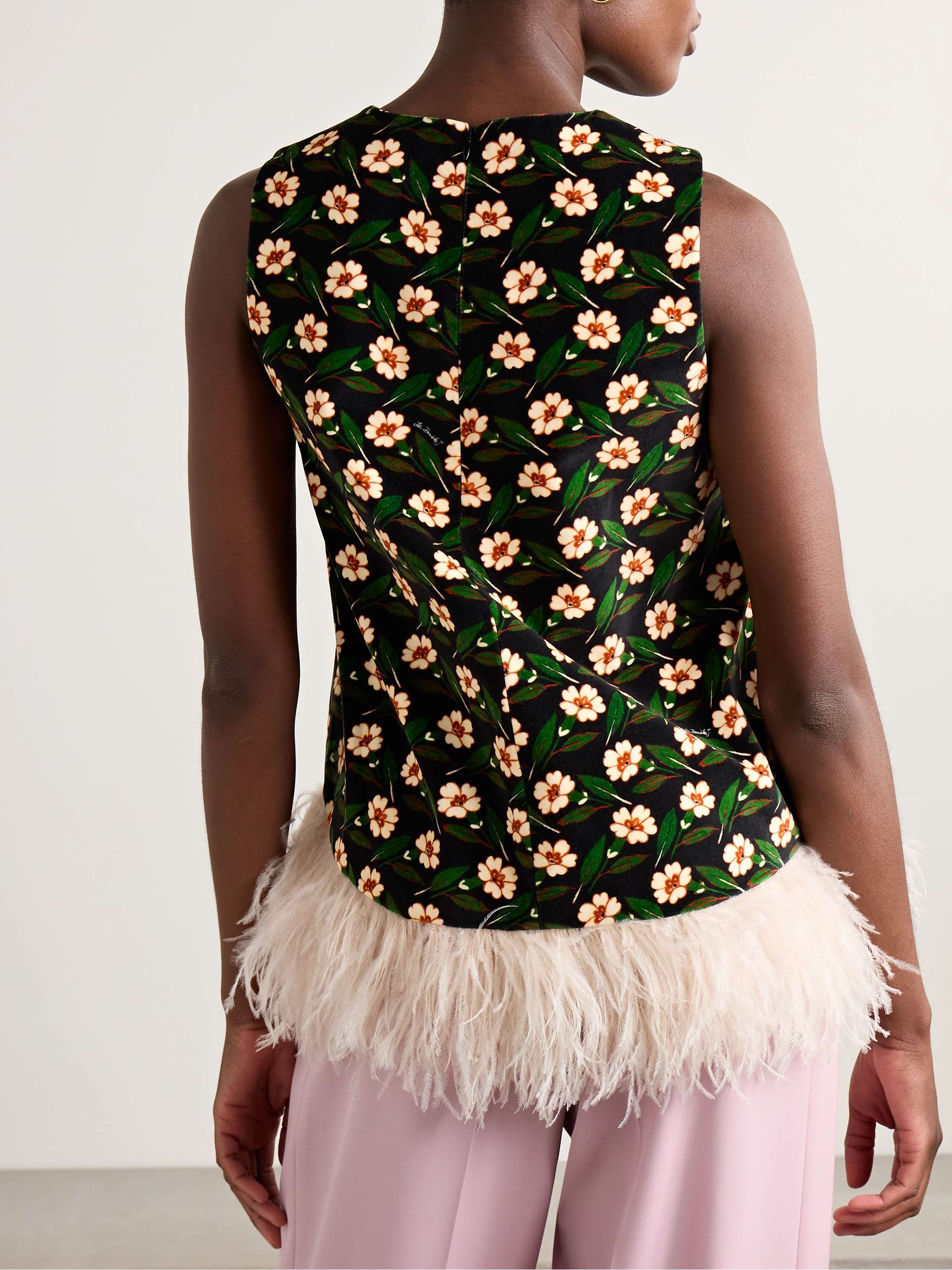 La Scala asymmetric feather-trimmed floral-print cotton-velvet top view