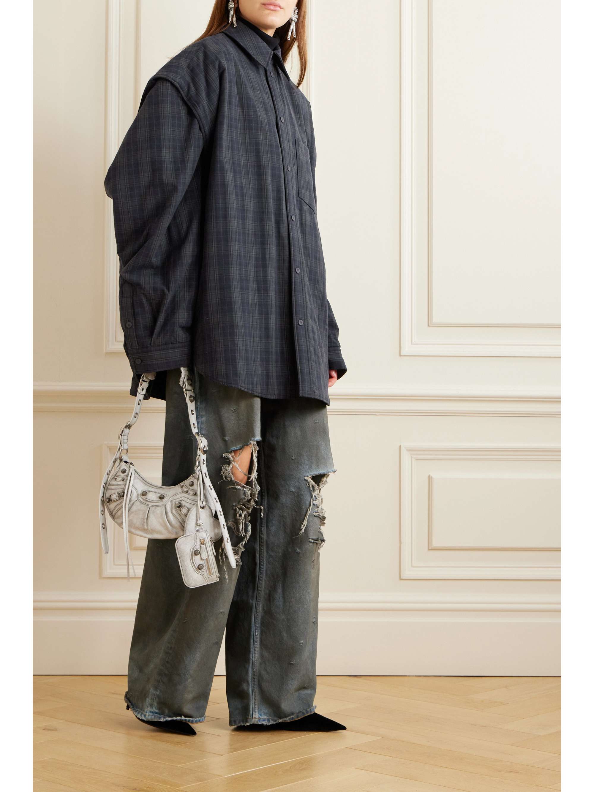 Convertible oversized padded checked cotton-flannel shirt view