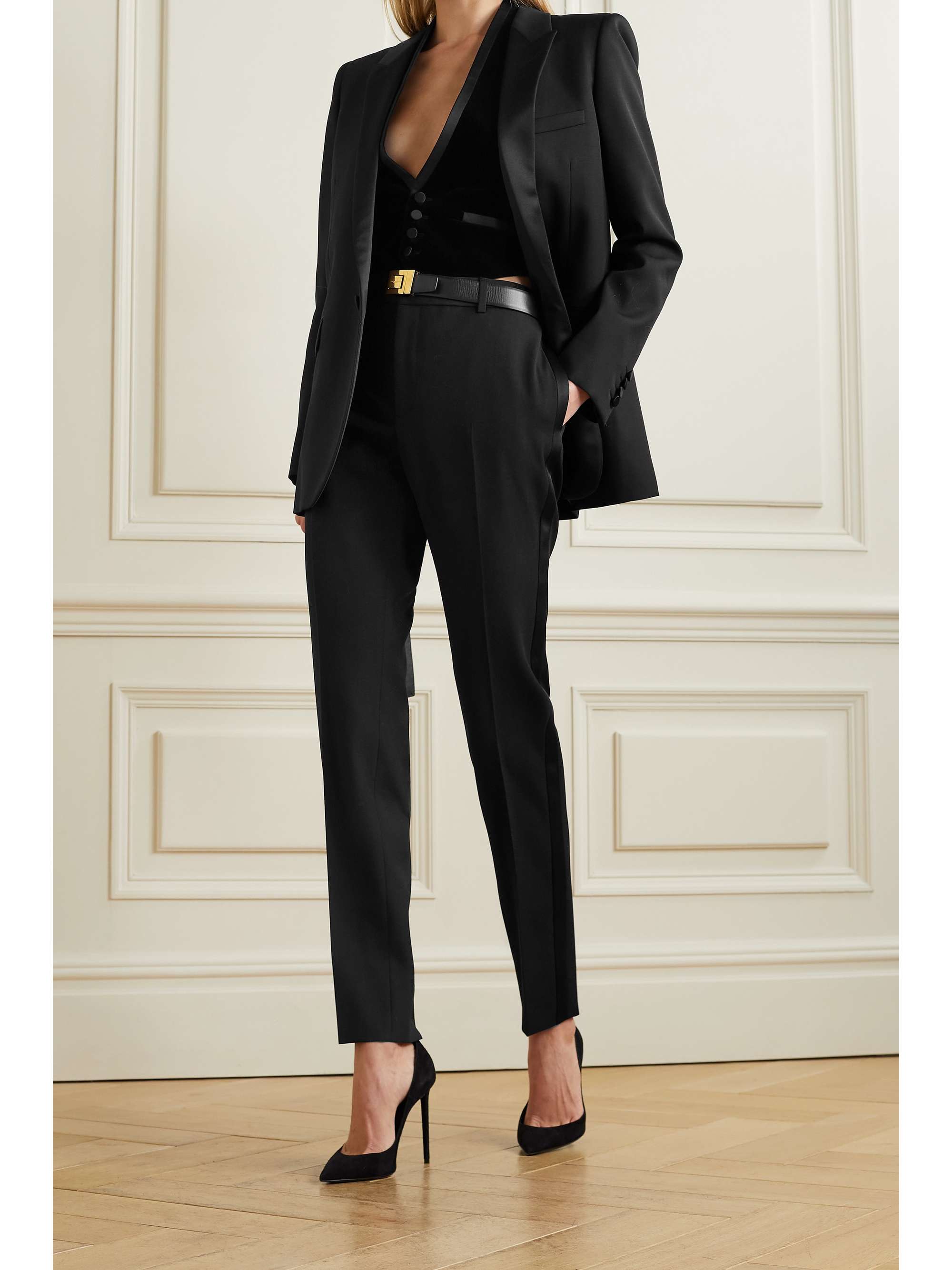 Tube satin-trimmed grain de poudre wool blazer view