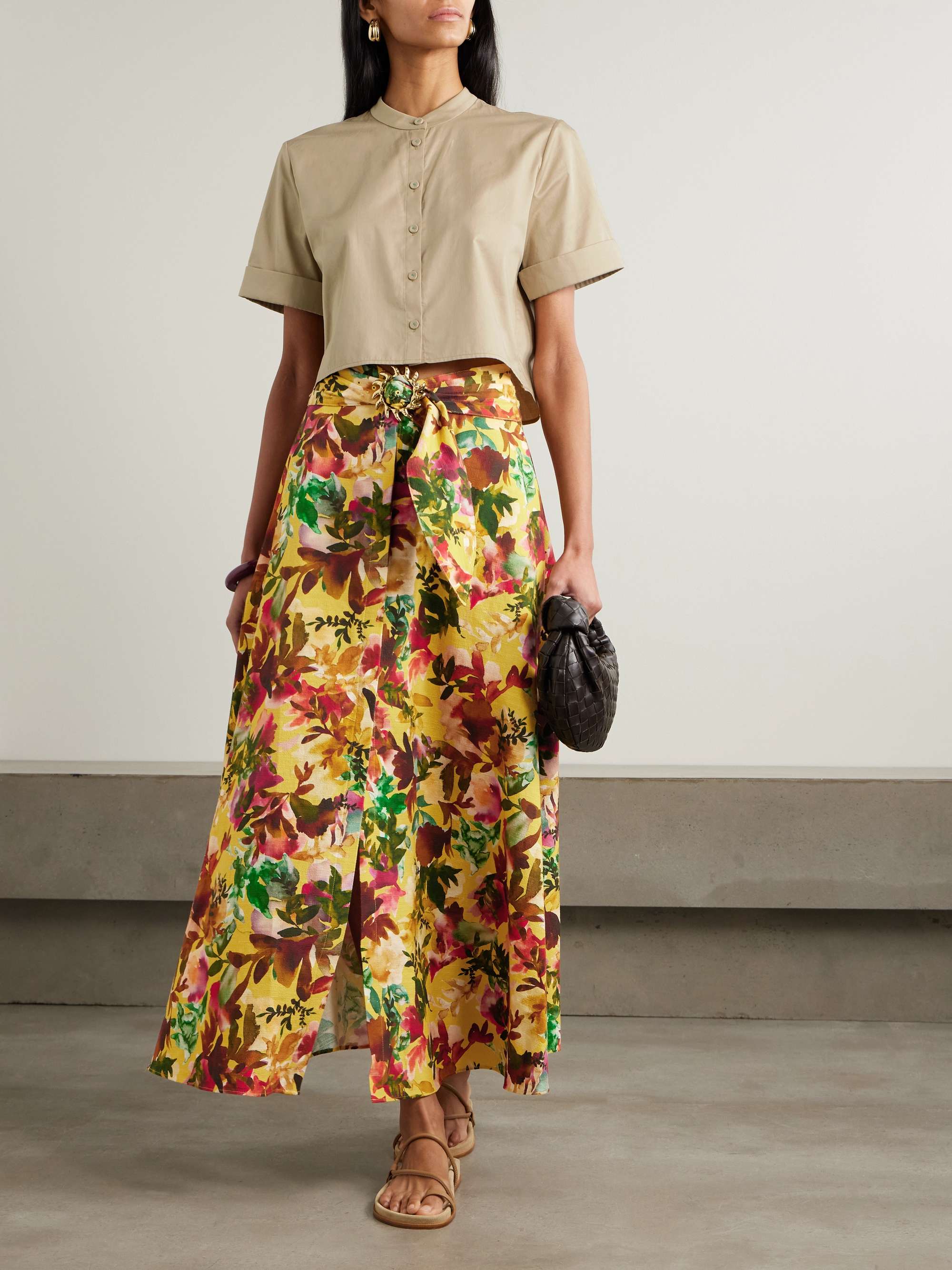 Neesha belted floral-print cotton midi skirt view