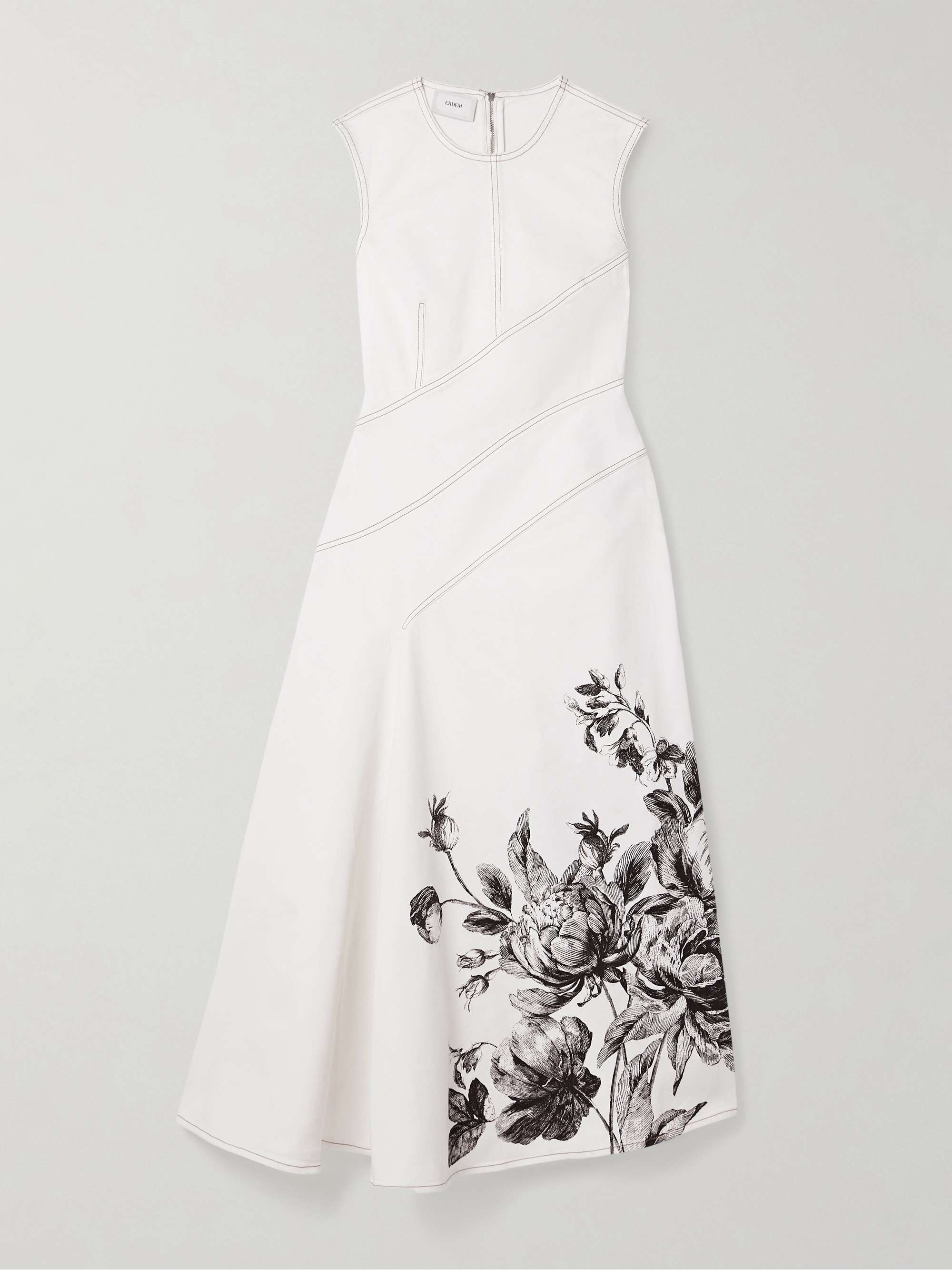 Asymmetric paneled floral-print denim midi dress hero visual