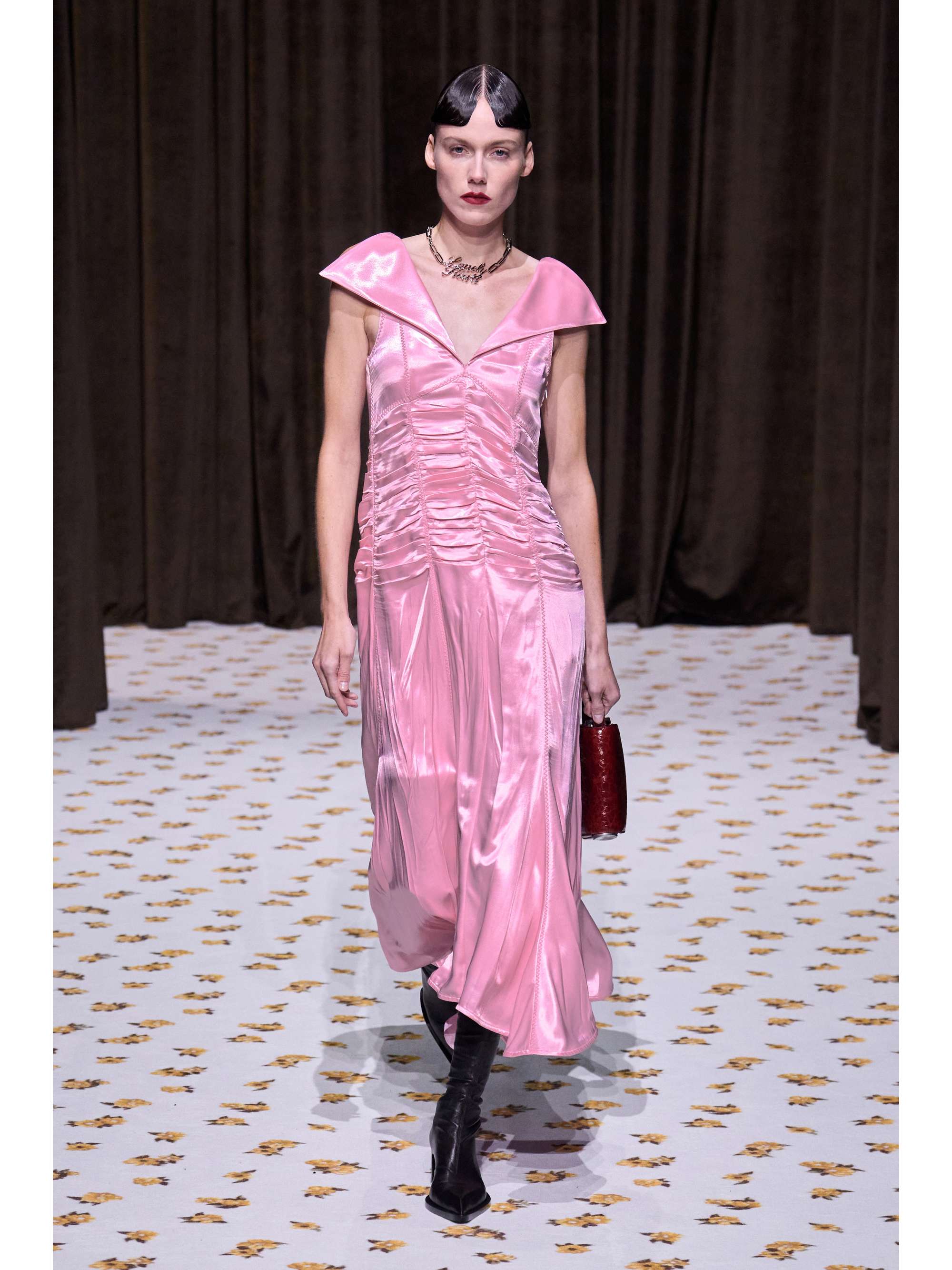 Open-back ruched pleated satin gown view