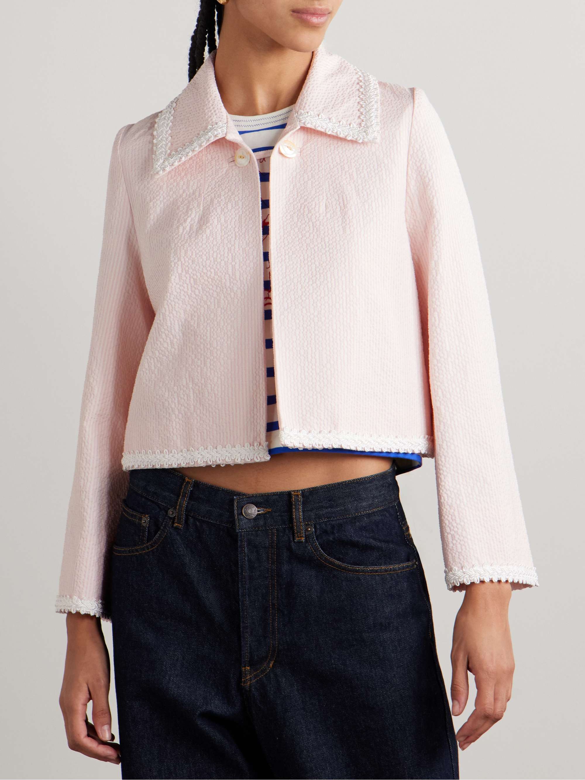 Cropped appliquéd striped cotton-blend seersucker jacket view