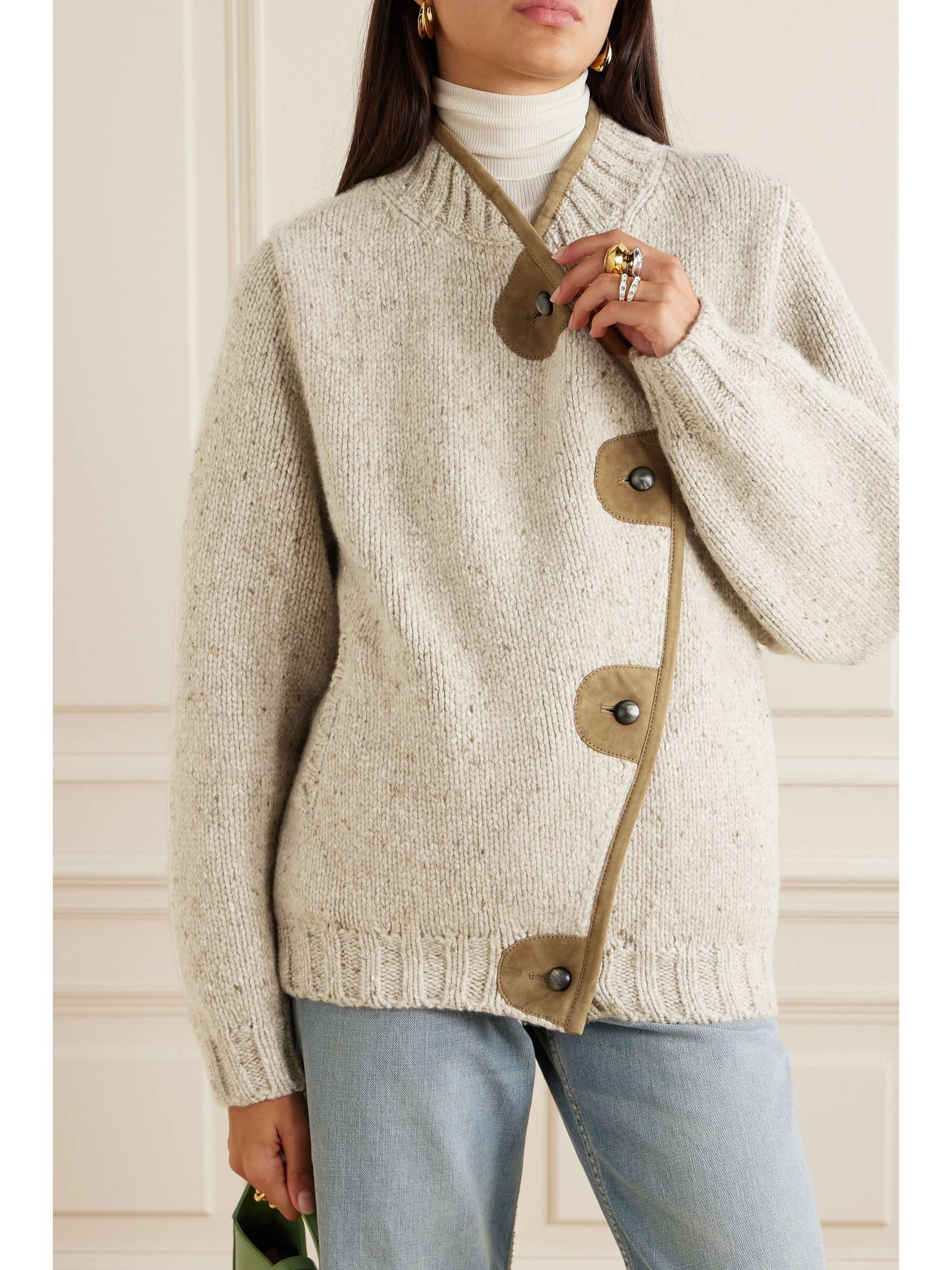 Newcastle asymmetric suede-trimmed wool and cashmere-blend cardigan view