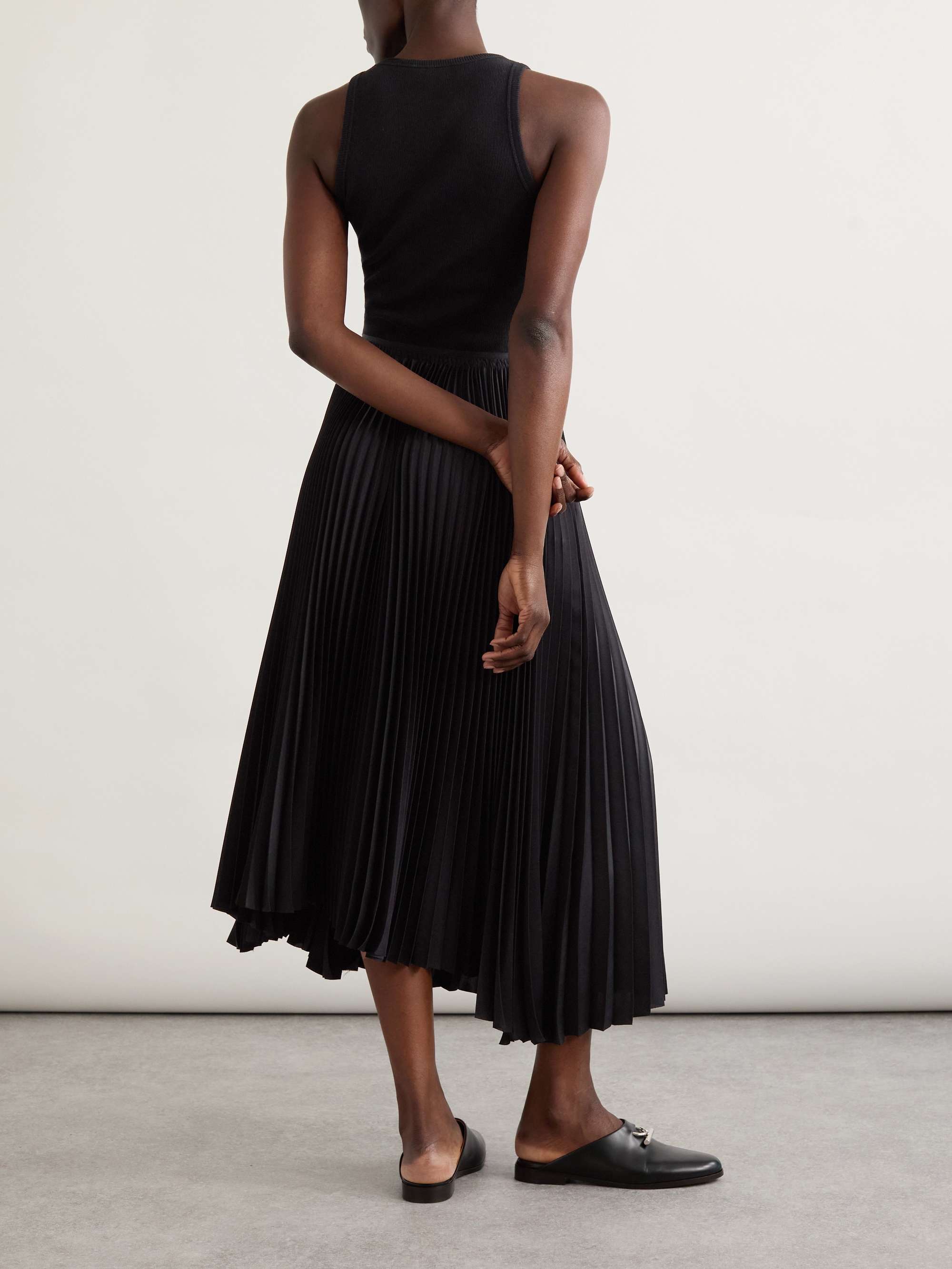 Pleated satin and stretch-cotton jersey midi dress view