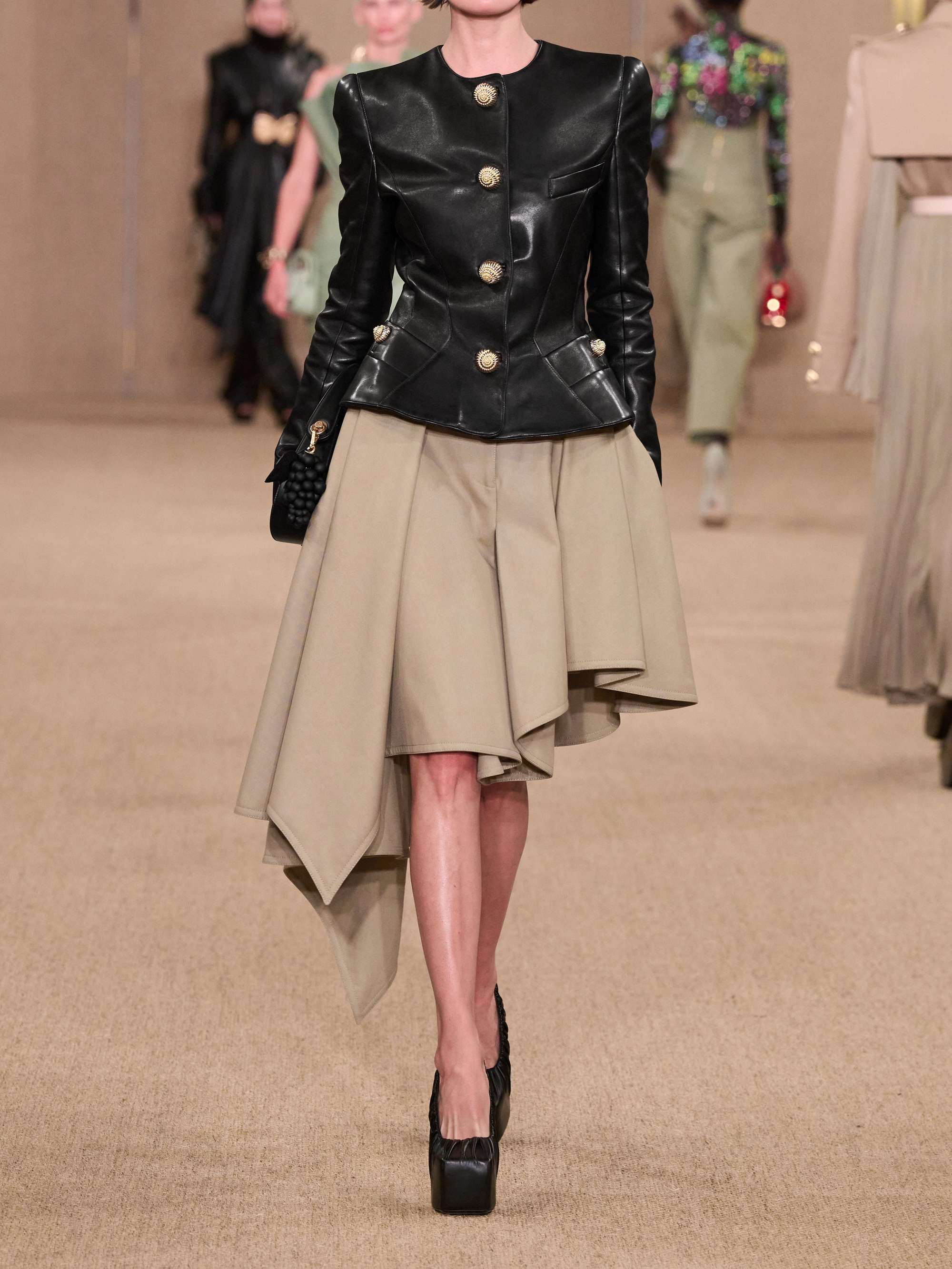 Paneled embellished leather peplum jacket view
