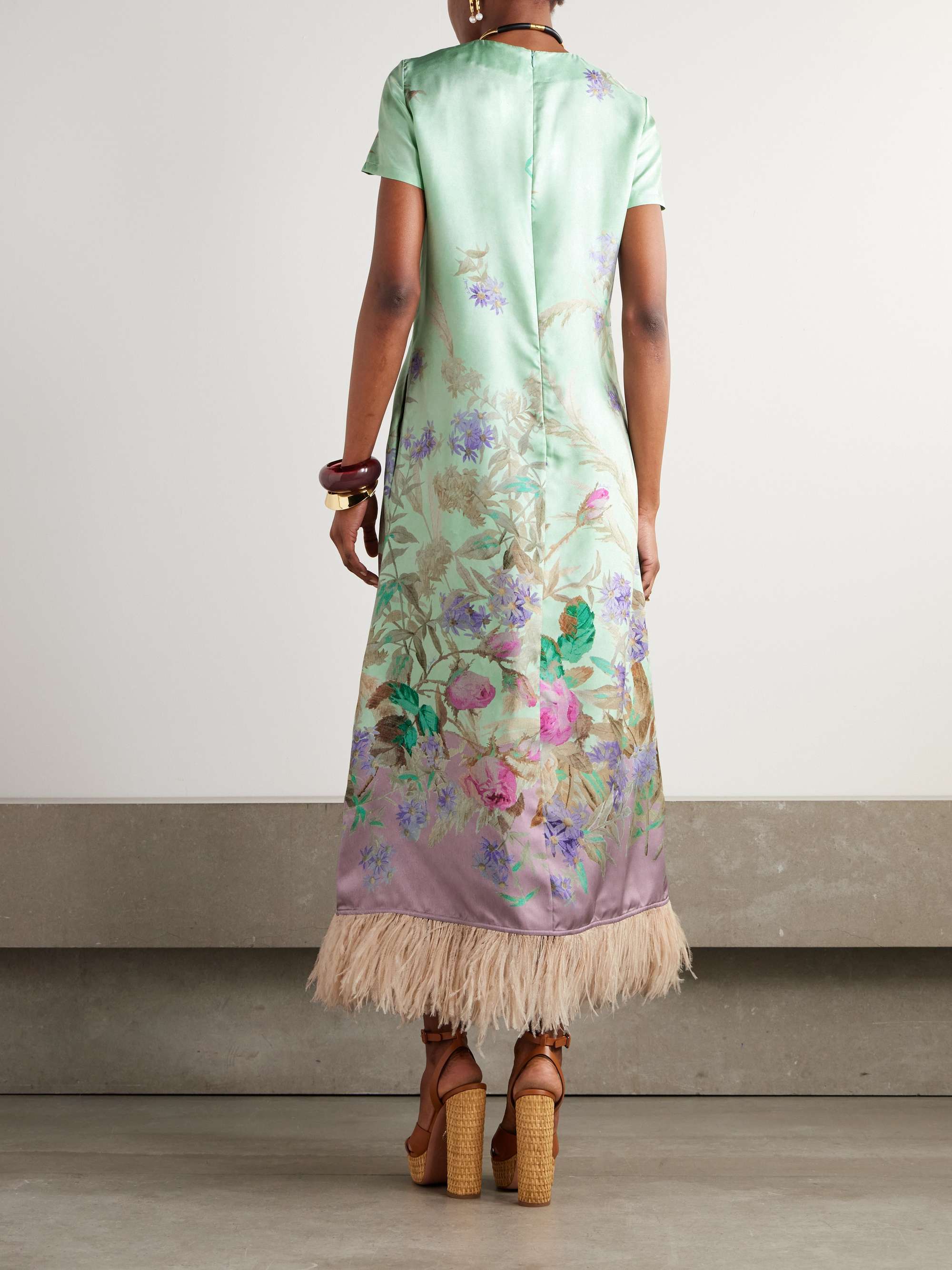 Feather-trimmed floral-print silk-twill maxi dress view