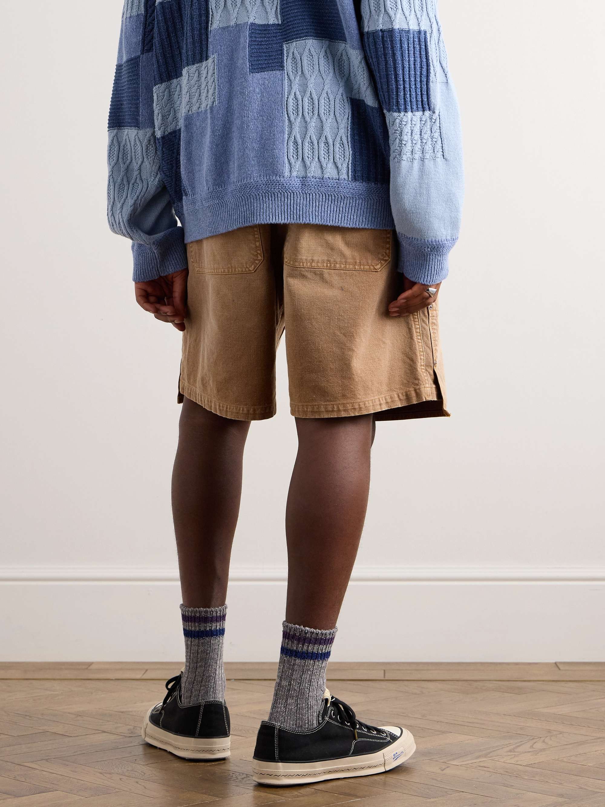 Wide-Leg Appliquéd Distressed Panelled Denim Shorts view
