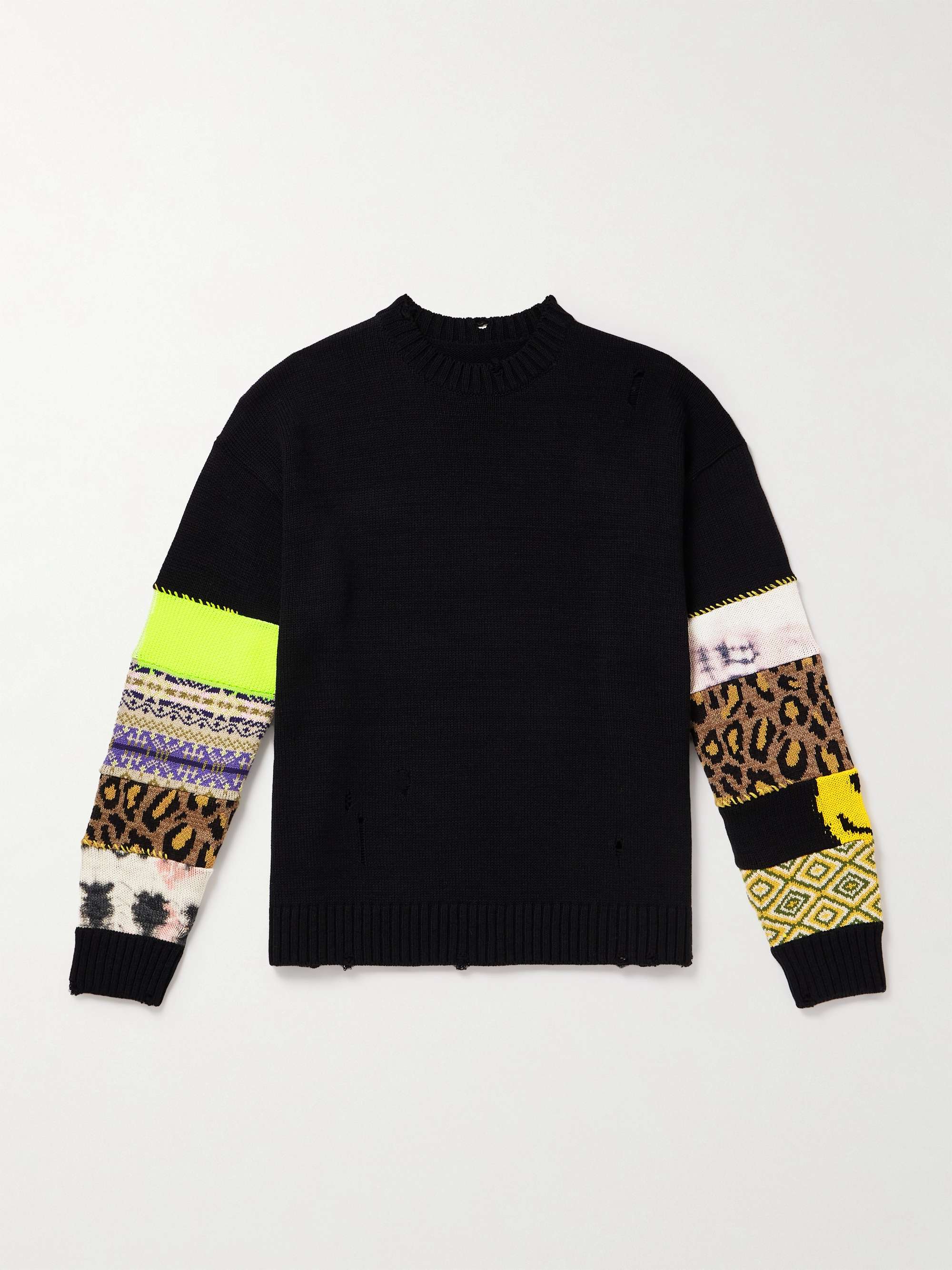 Distressed Patchwork Jacquard-Knit Sweater hero visual