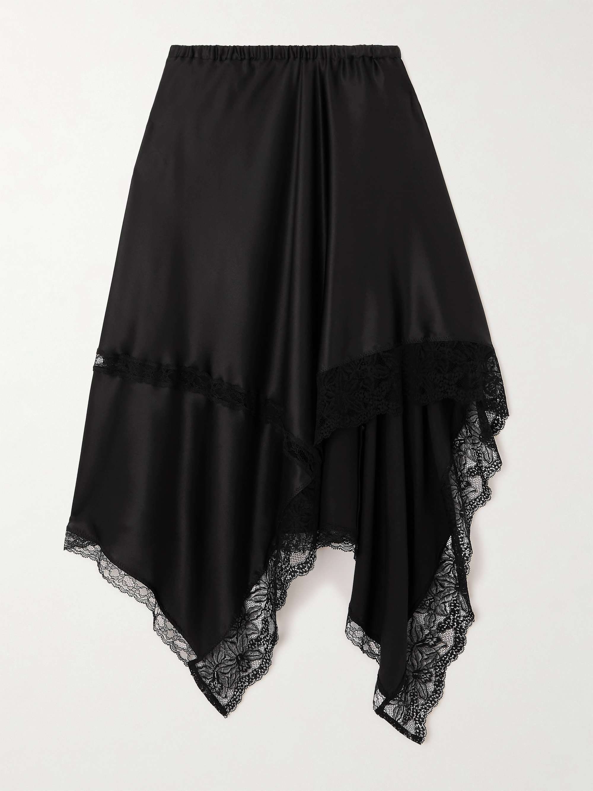 Asymmetric lace-trimmed silk-blend satin midi skirt hero visual