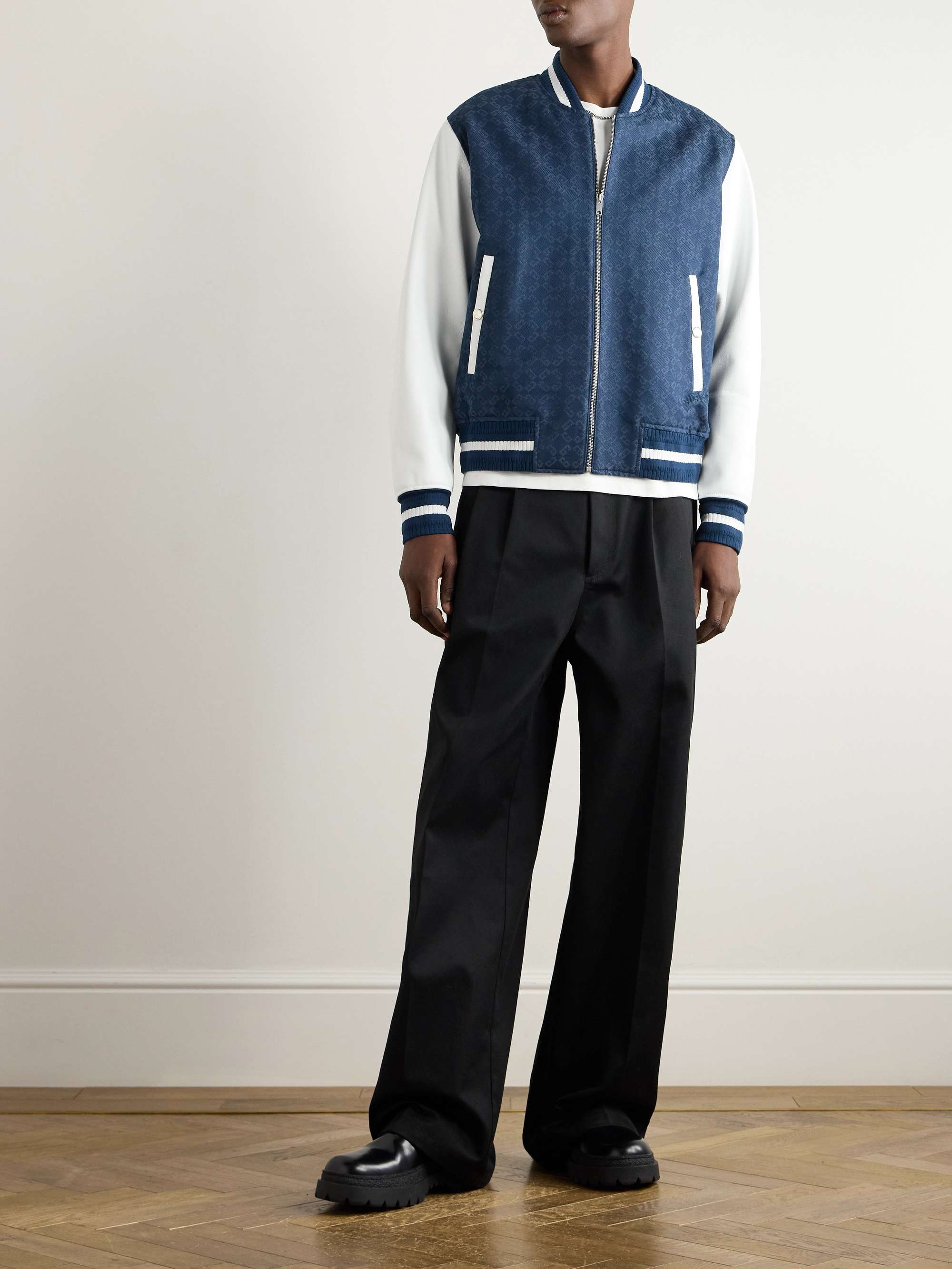 Monogrammed Denim and Leather Varsity Jacket view