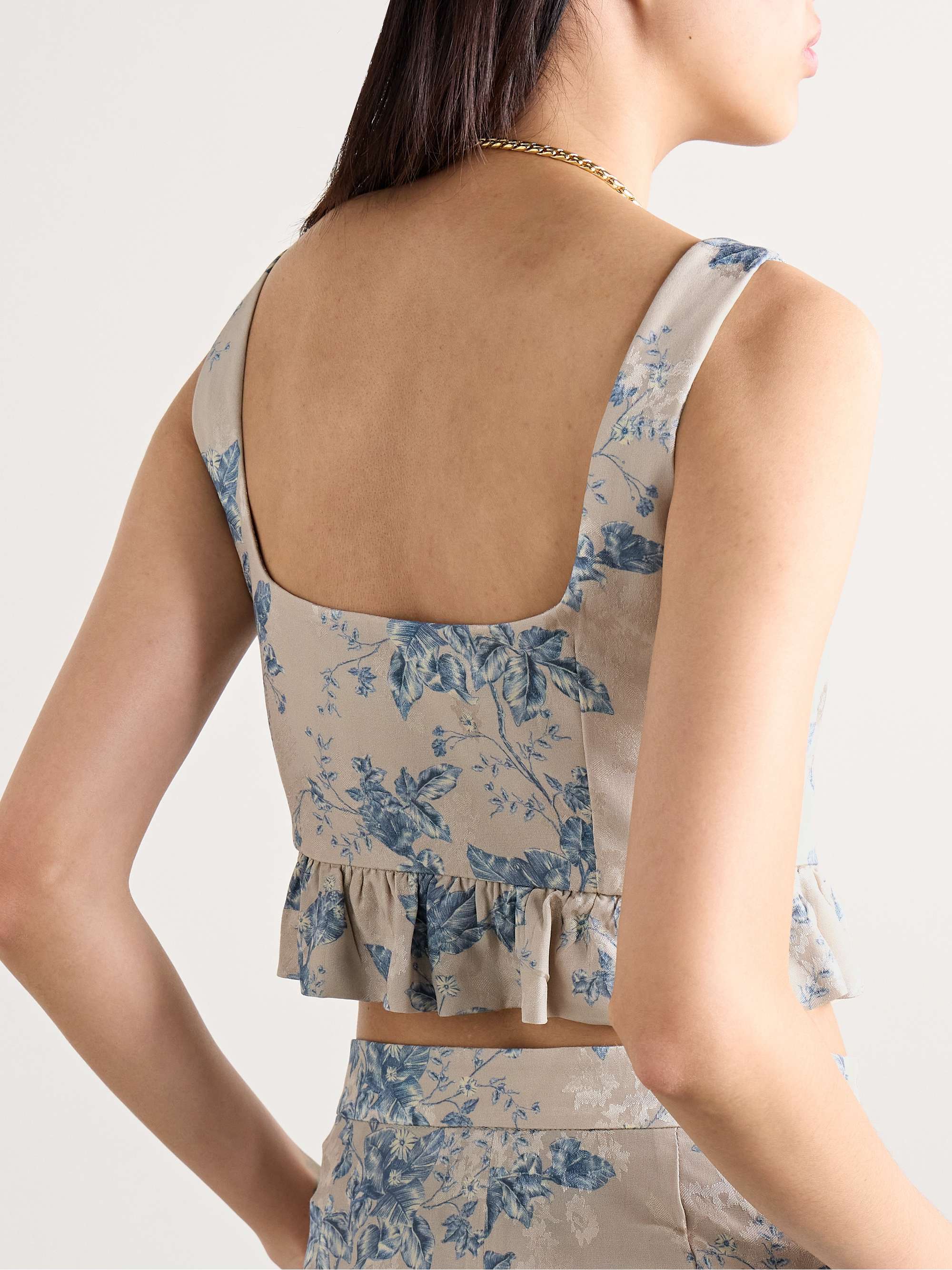 Eslabon Bougainvillea cropped ruffled floral-print satin-jacquard top view