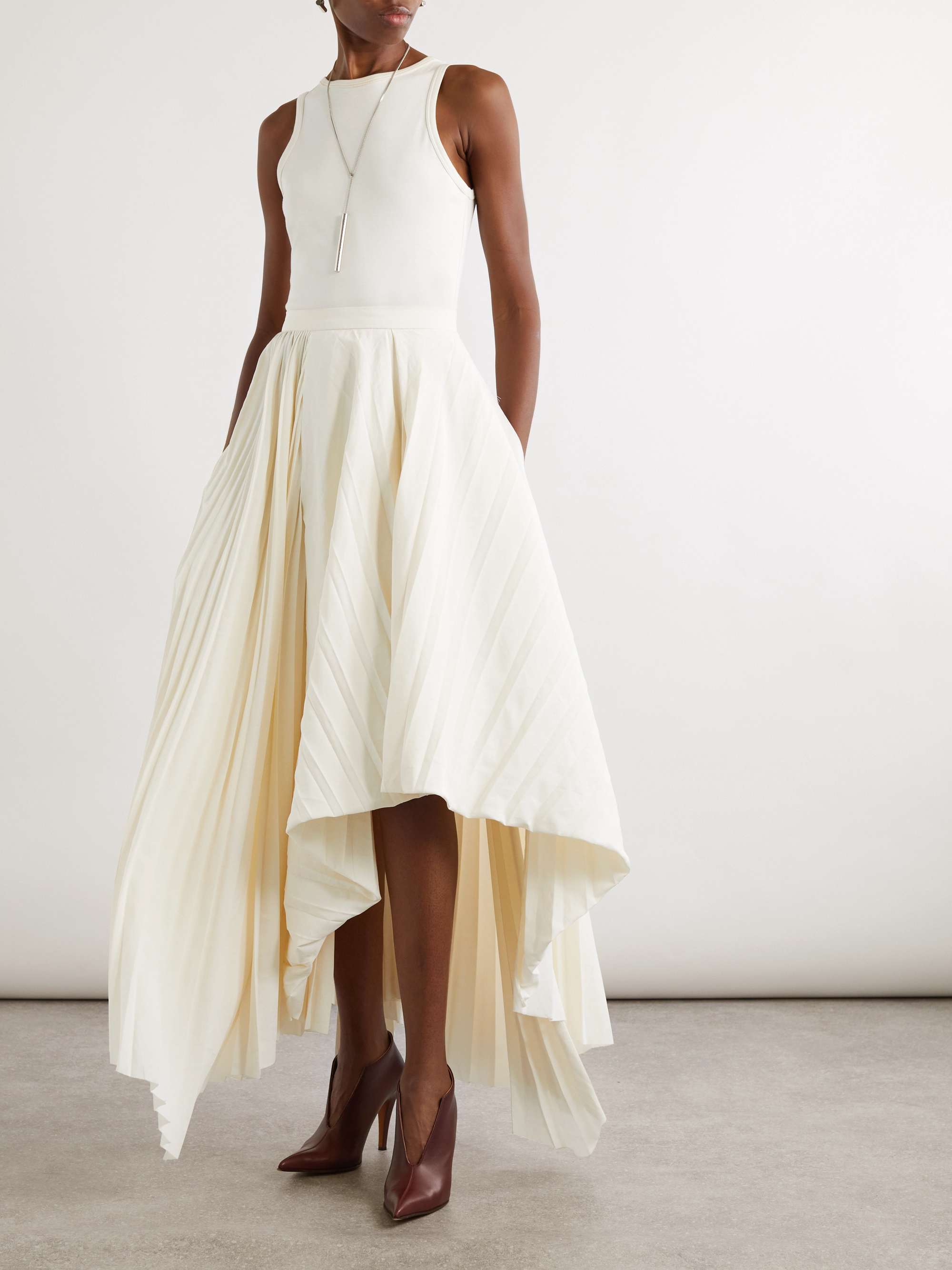 Asymmetric cotton-jersey and pleated poplin dress view