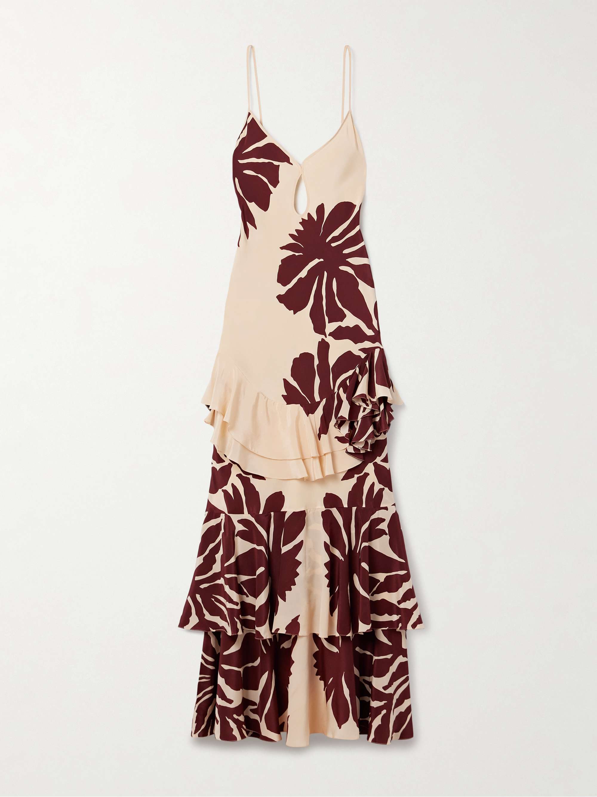 Reinterpretation cutout ruffled printed silk crepe de chine maxi dress hero visual