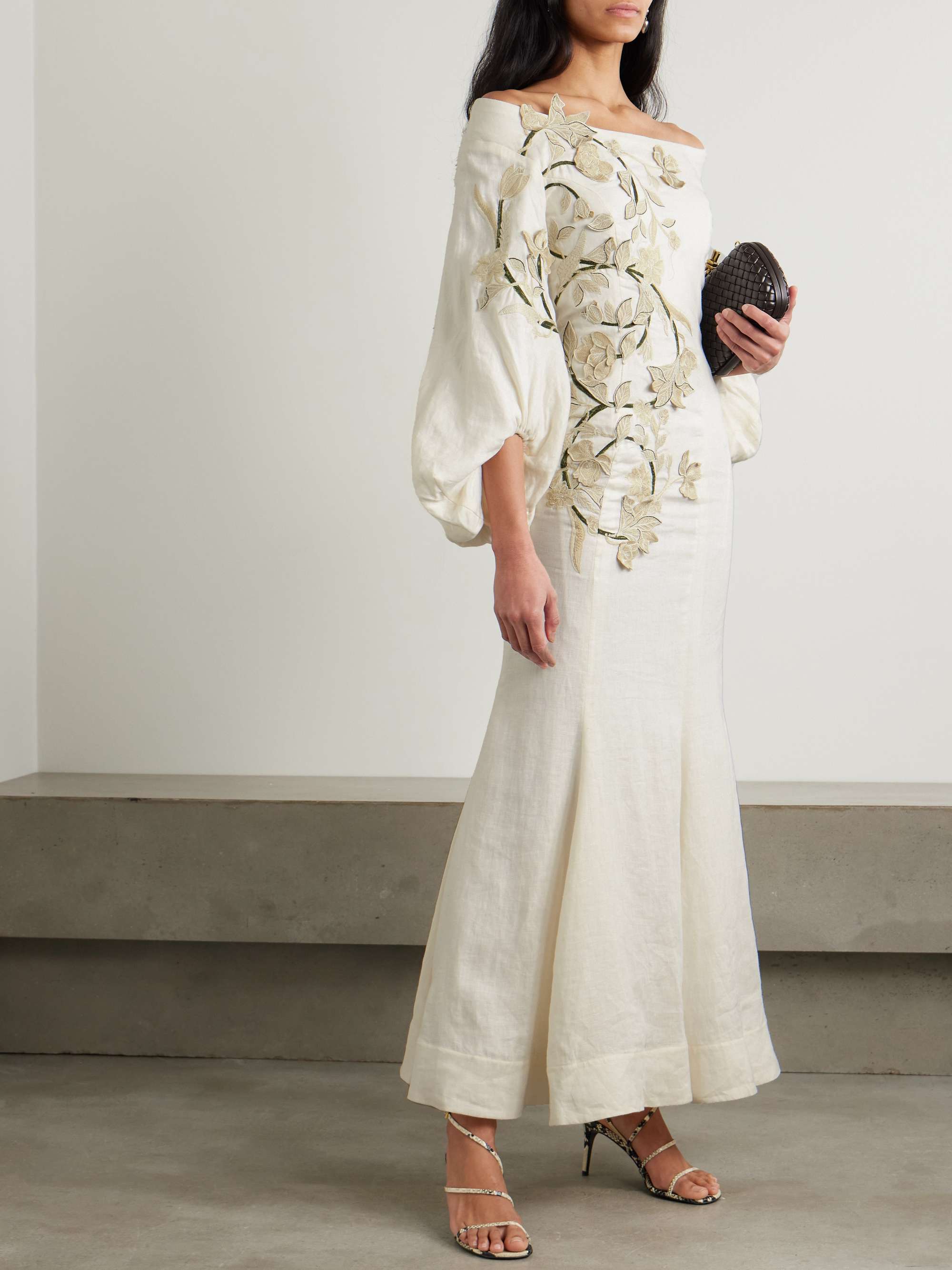 Peccana off-the-shoulder appliquéd linen maxi dress view