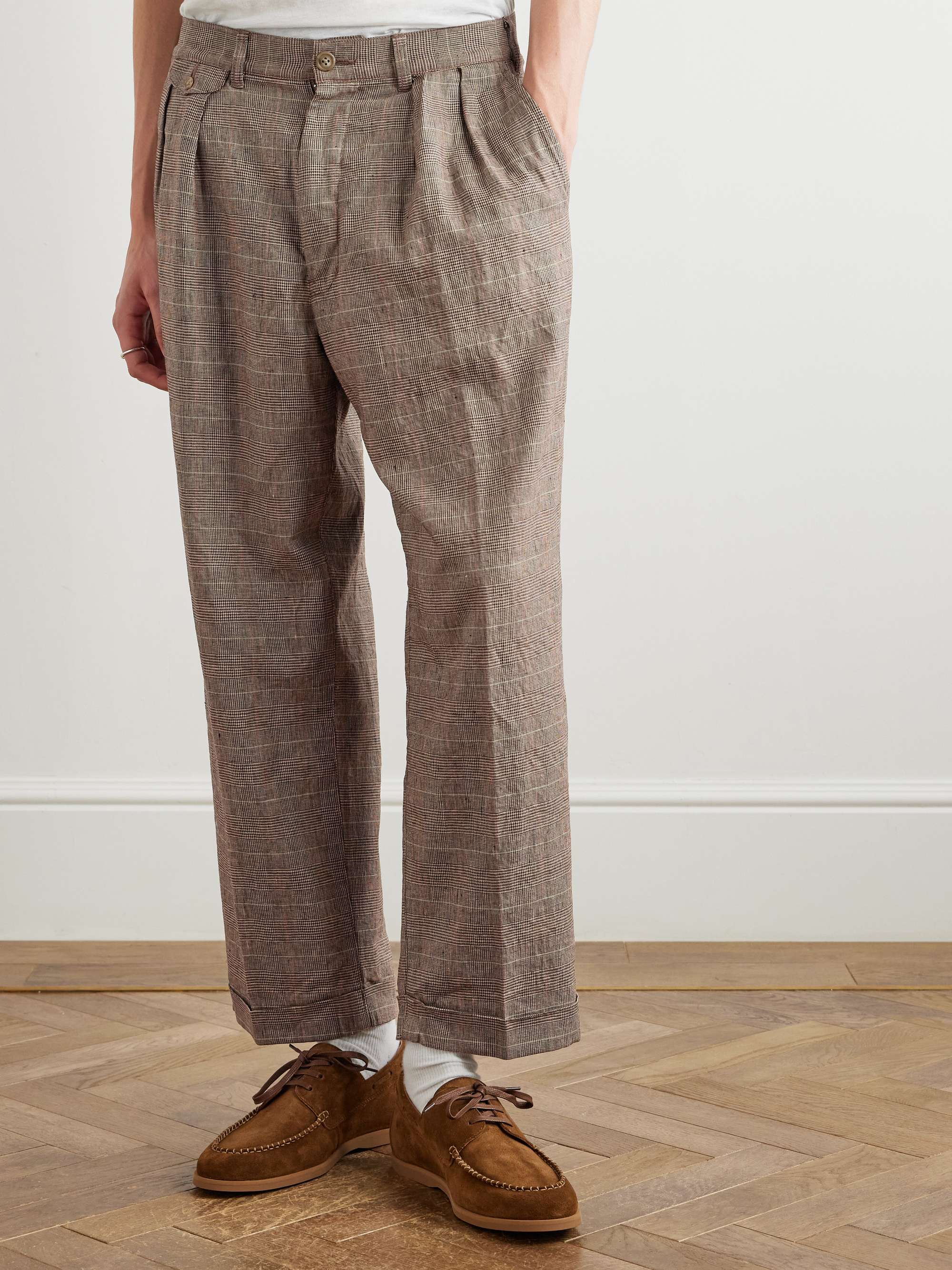 Straight-Leg Pleated Prince of Wales Checked Linen Suit Trousers view