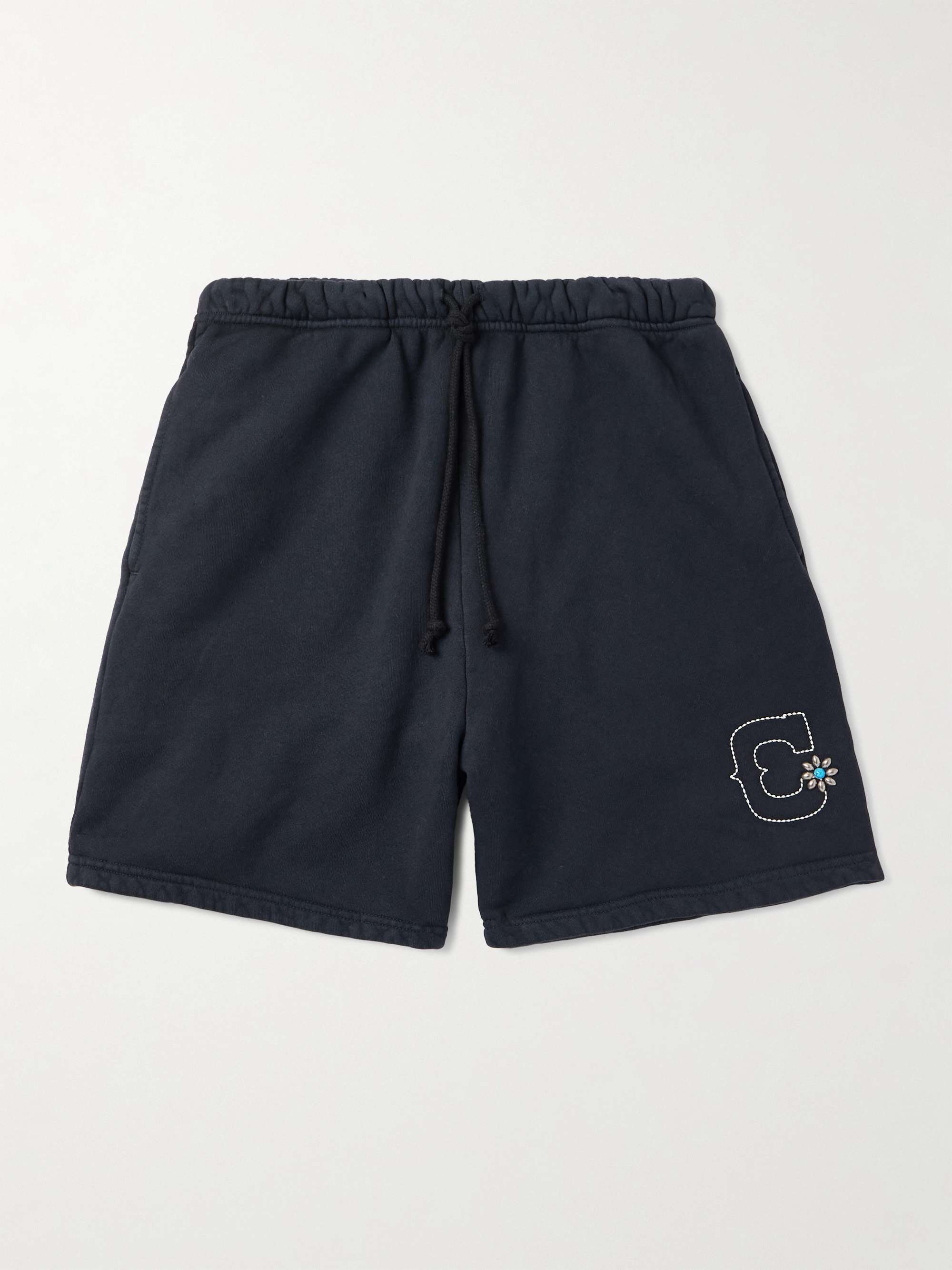 Straight-Leg Studded Logo-Embroidered Cotton-Fleece Shorts hero visual