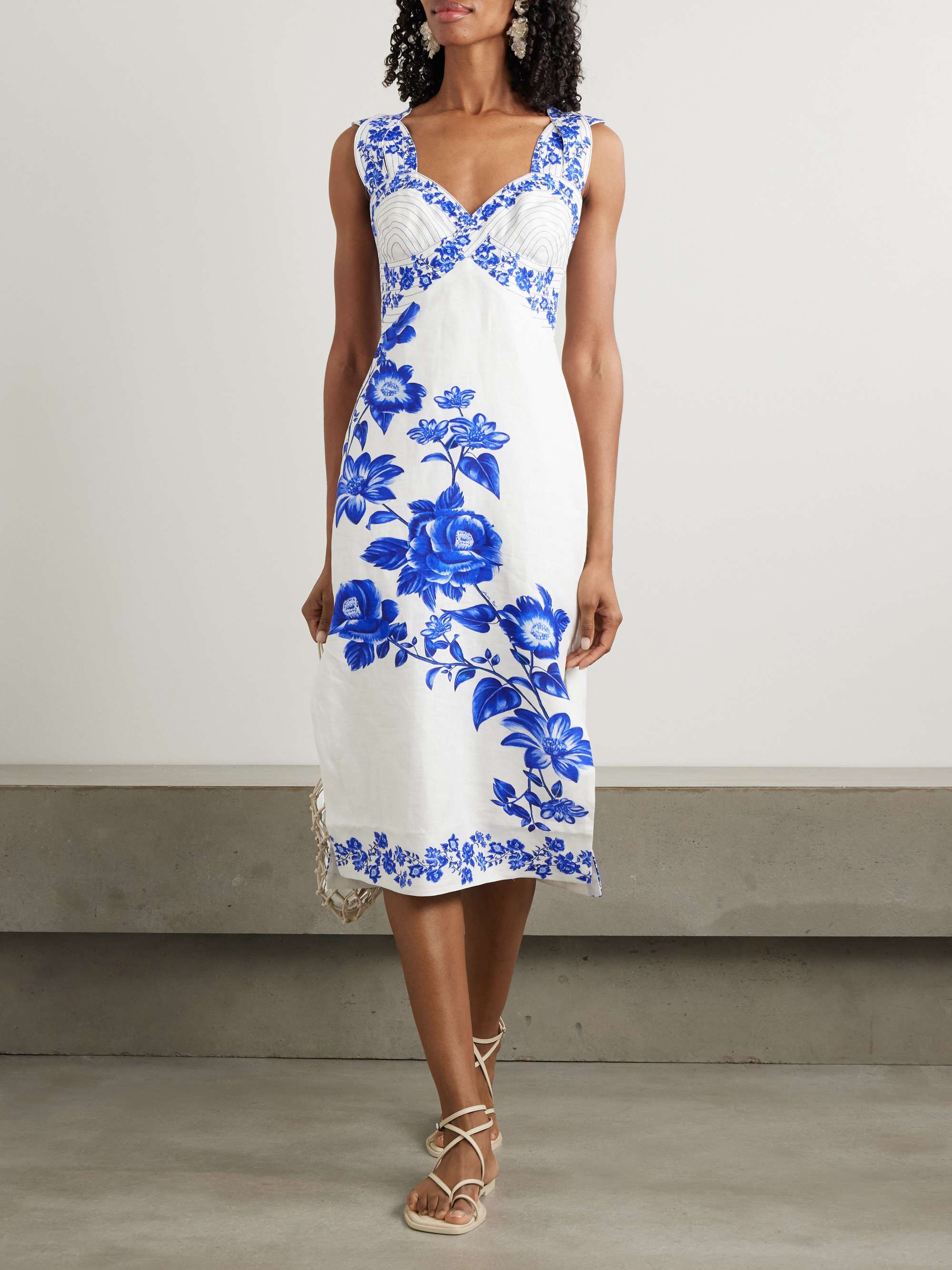 Cascade shirred printed linen midi dress view