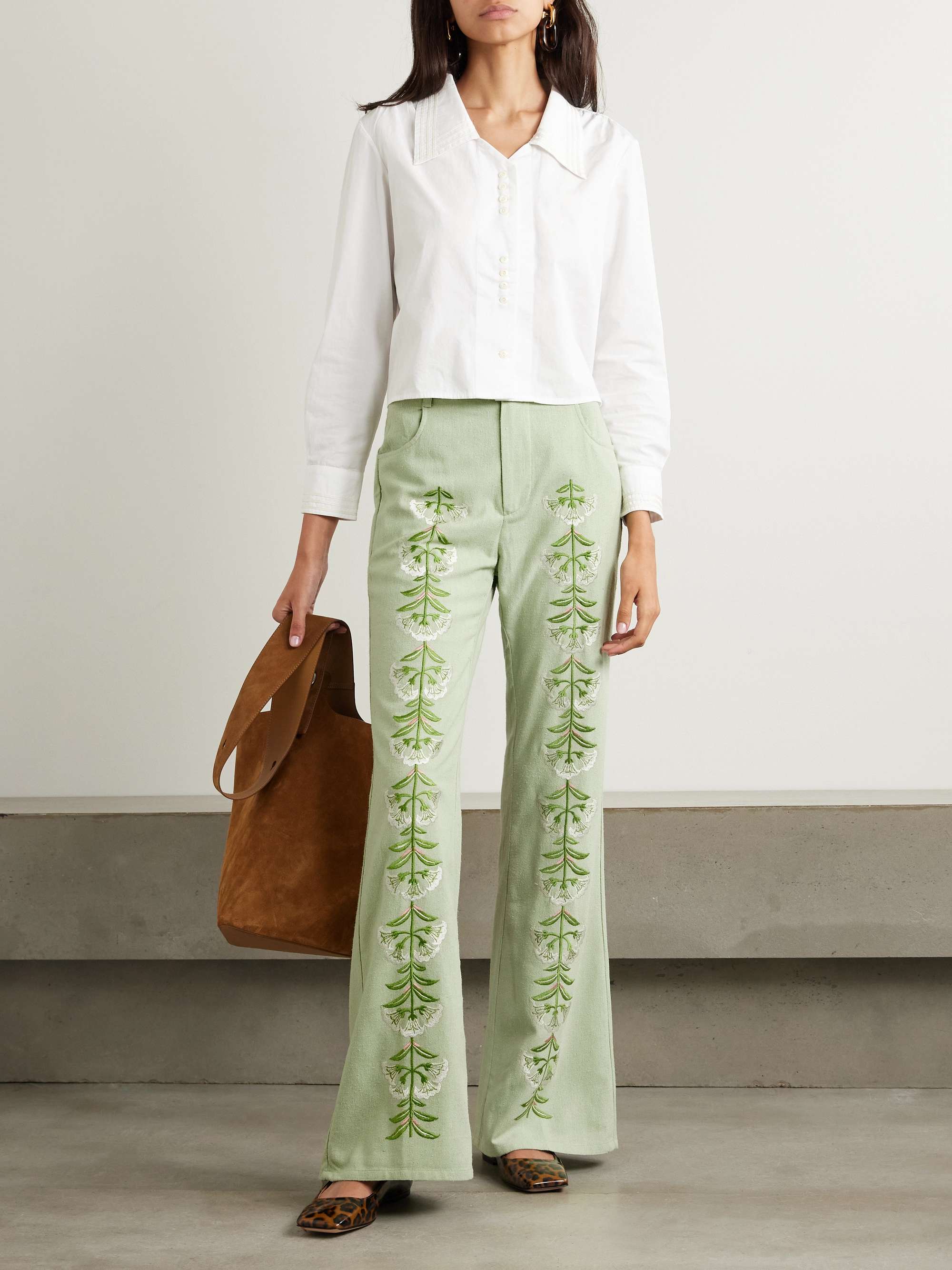 Charlie embroidered slubbed silk flared pants view