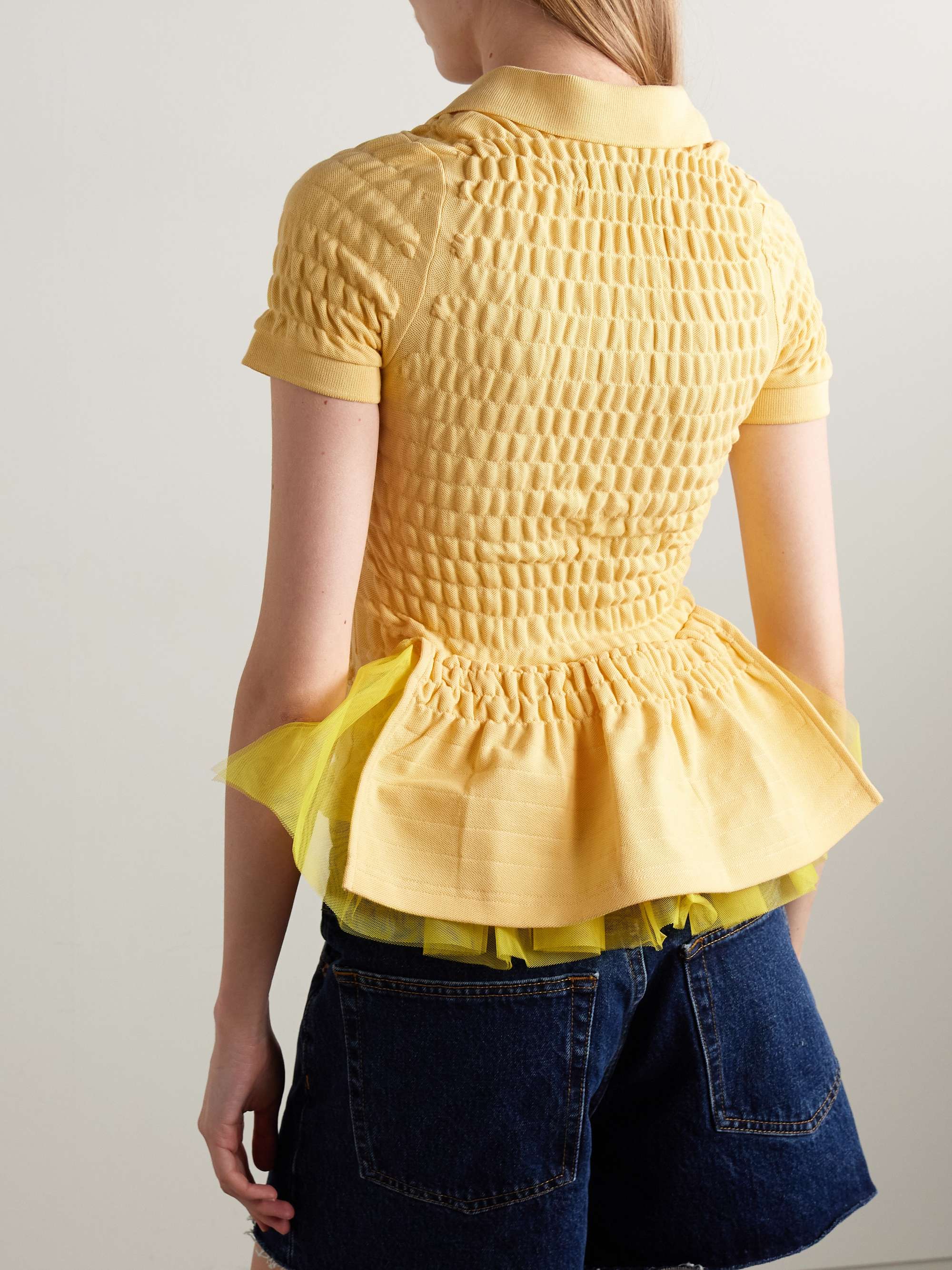 Tulle-trimmed shirred organic cotton-piqué shirt view